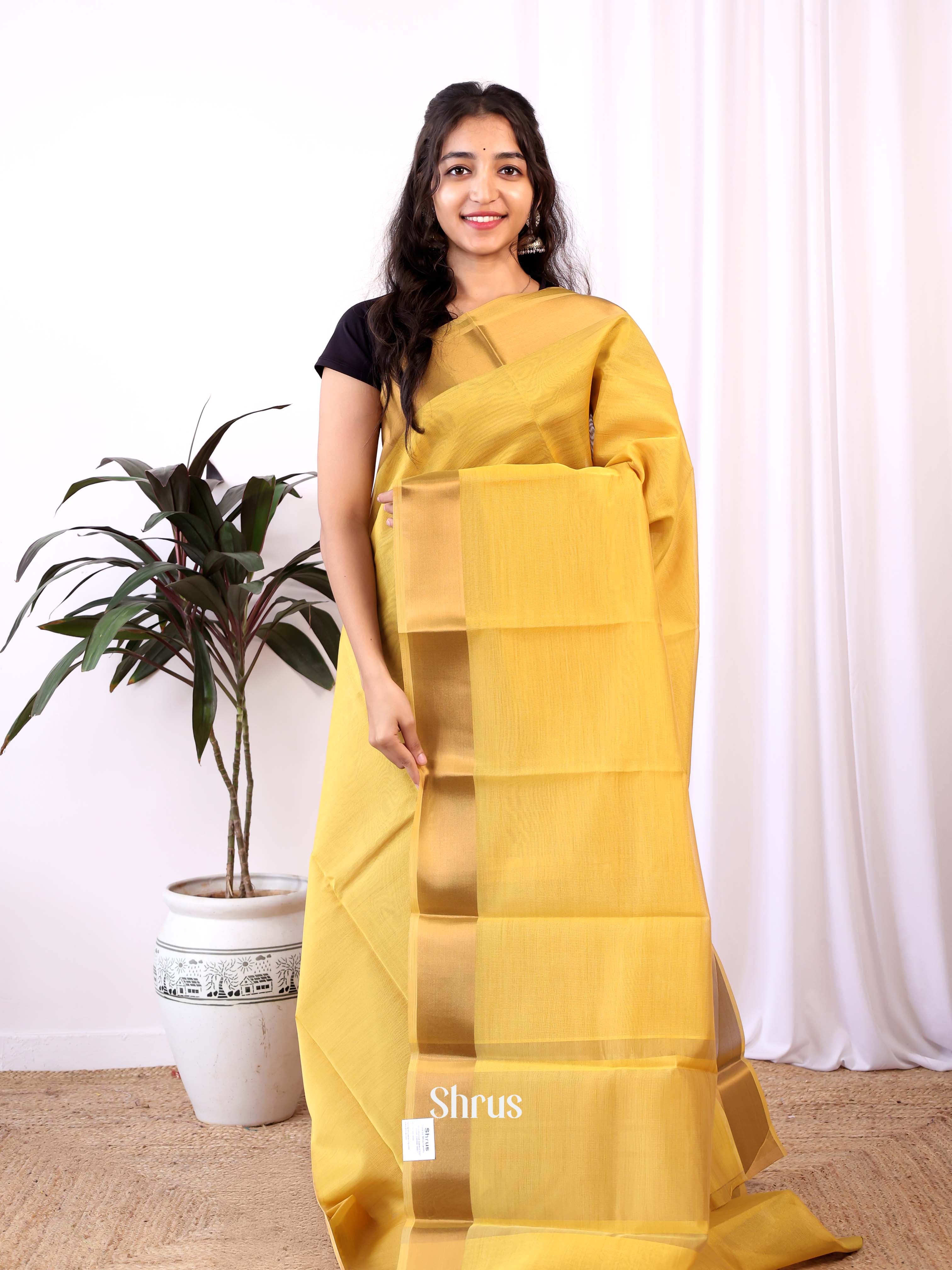 Mustardy Green - Semi Dupion Saree - Shop on Shrus.com