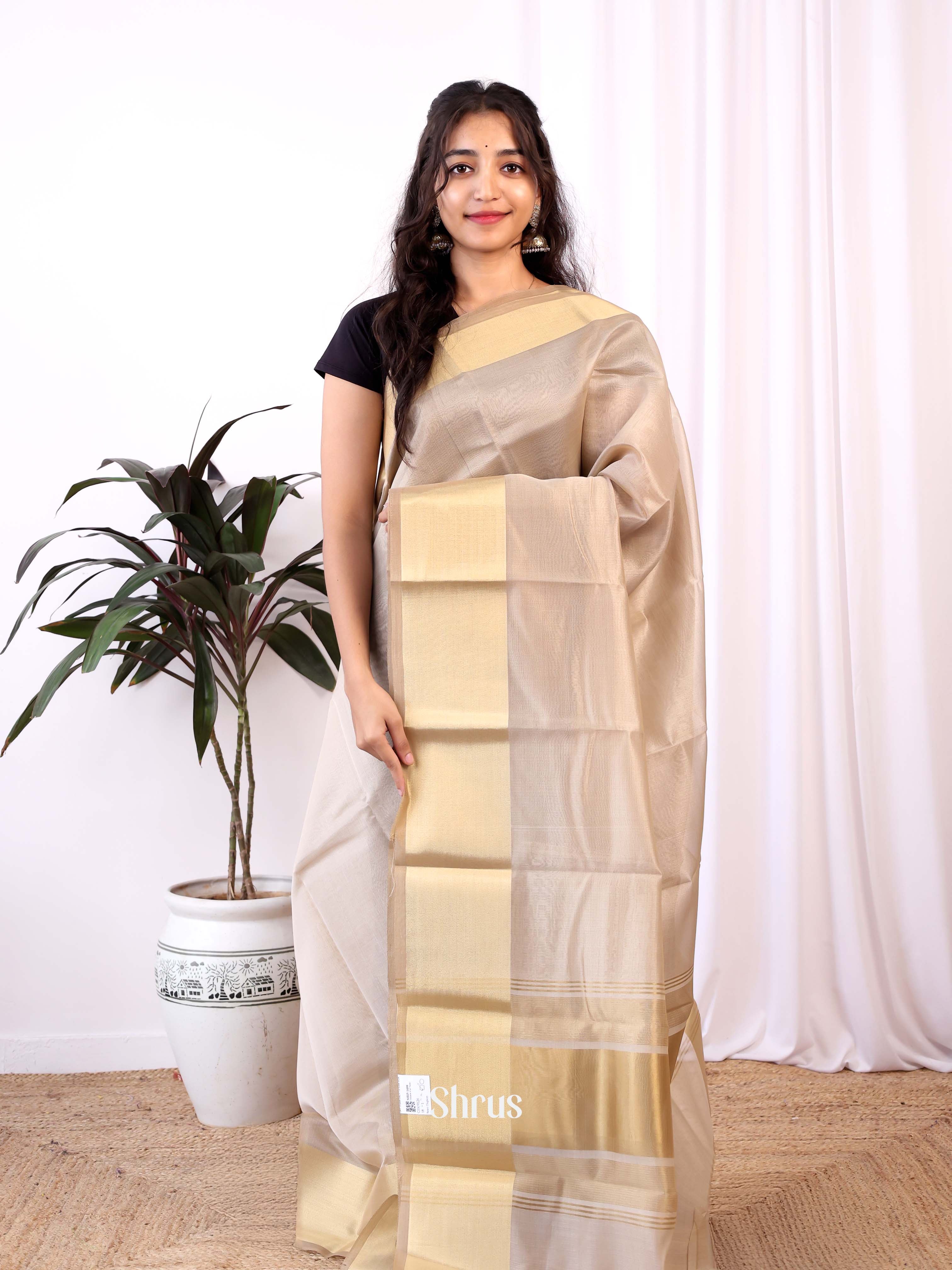 Cream - Semi Dupion Saree - Shop on Shrus.com