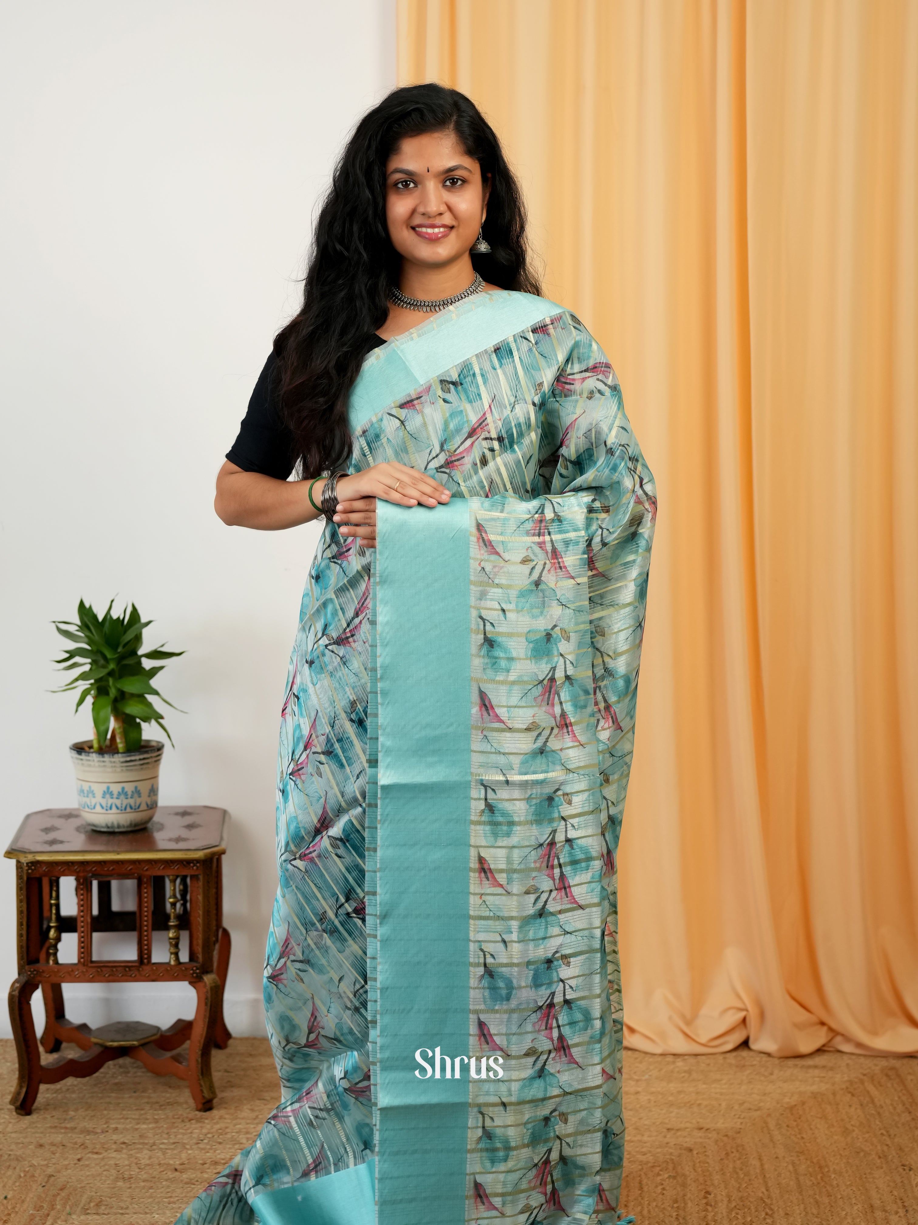 Teal(Single Tone) - Semi Organza Saree - Shop on Shrus.com