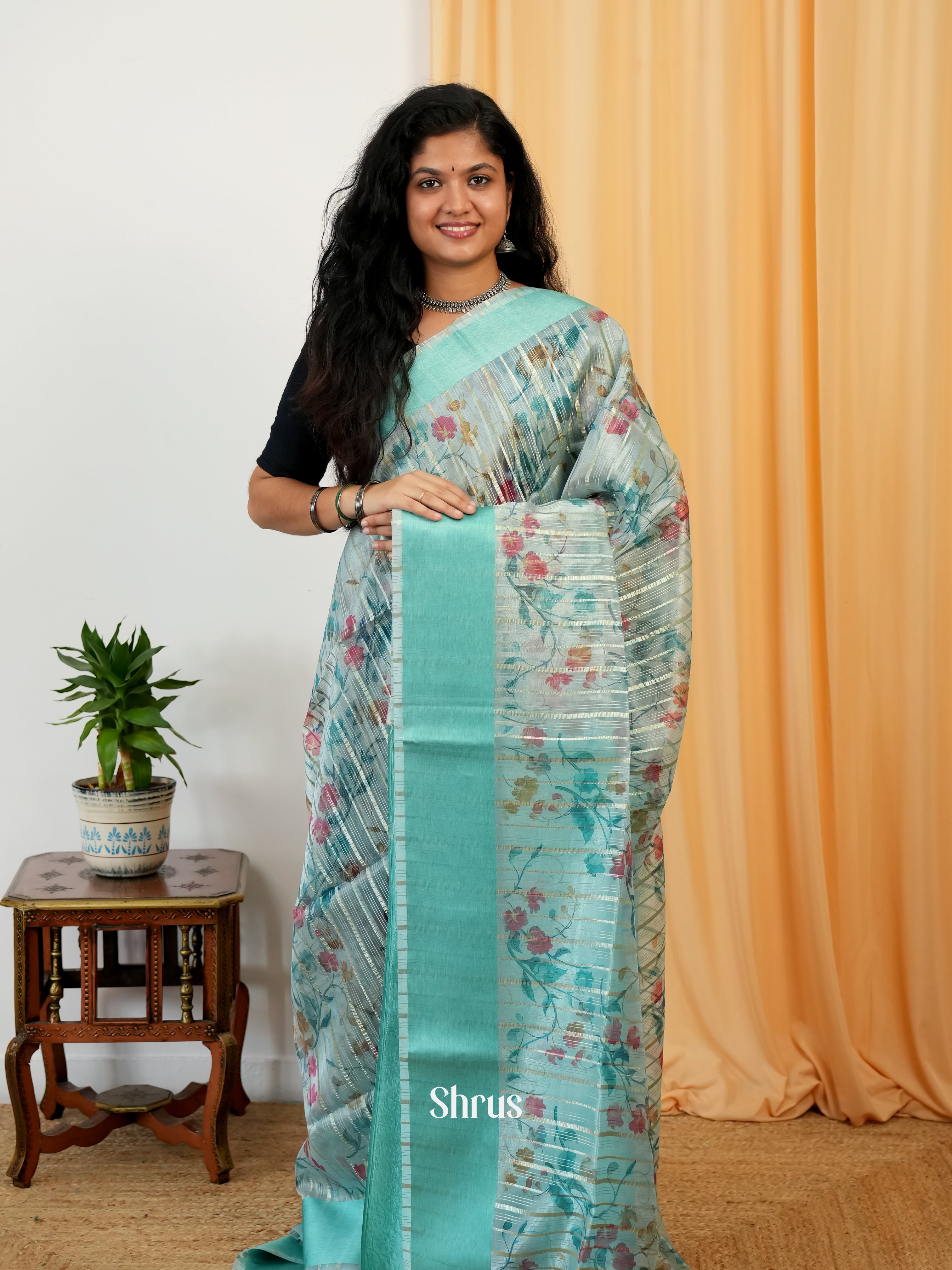 Teal Blue - Semi Organza Saree - Shop on Shrus.com