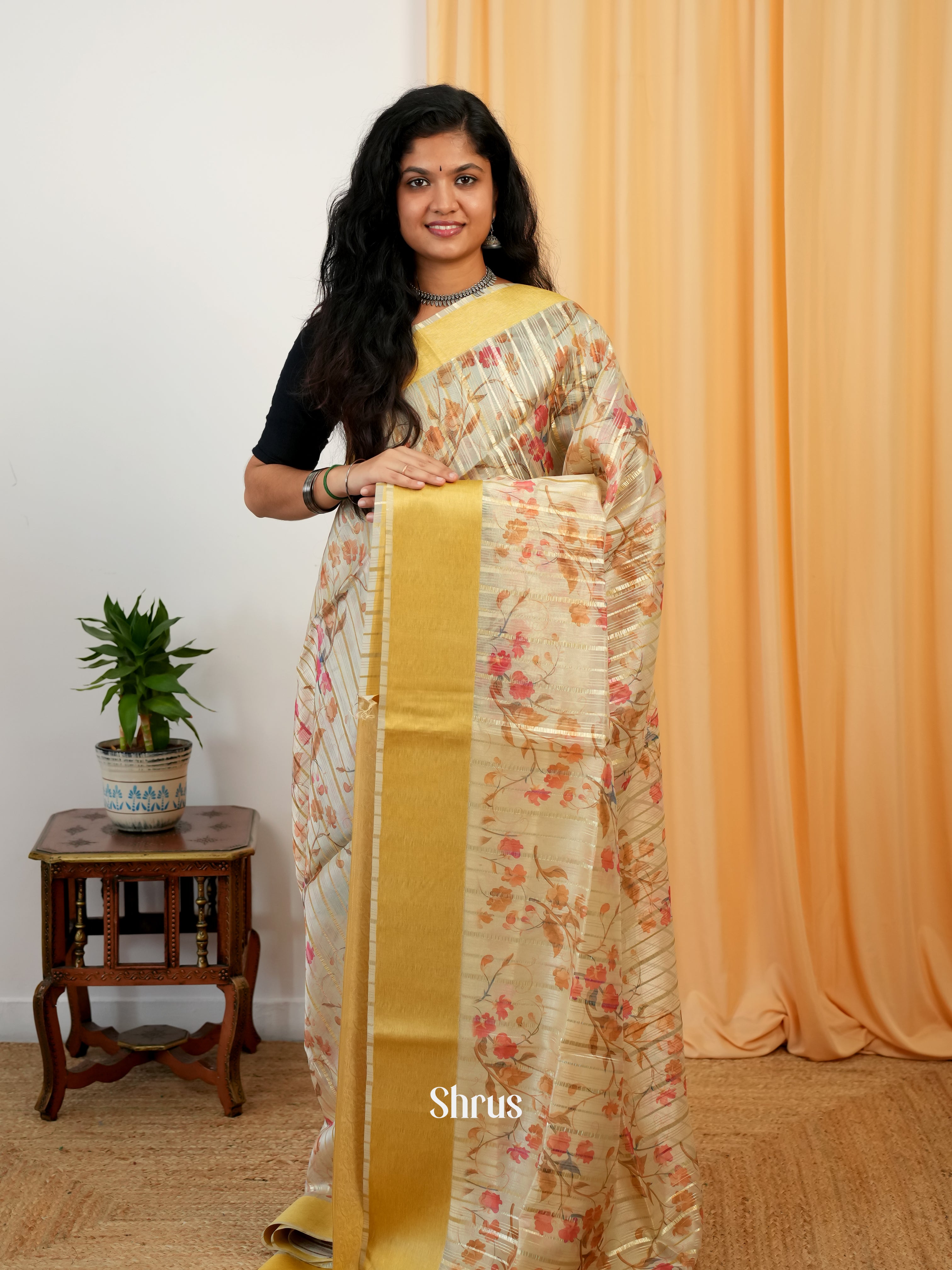 Cream - Semi Organza Saree - Shop on Shrus.com