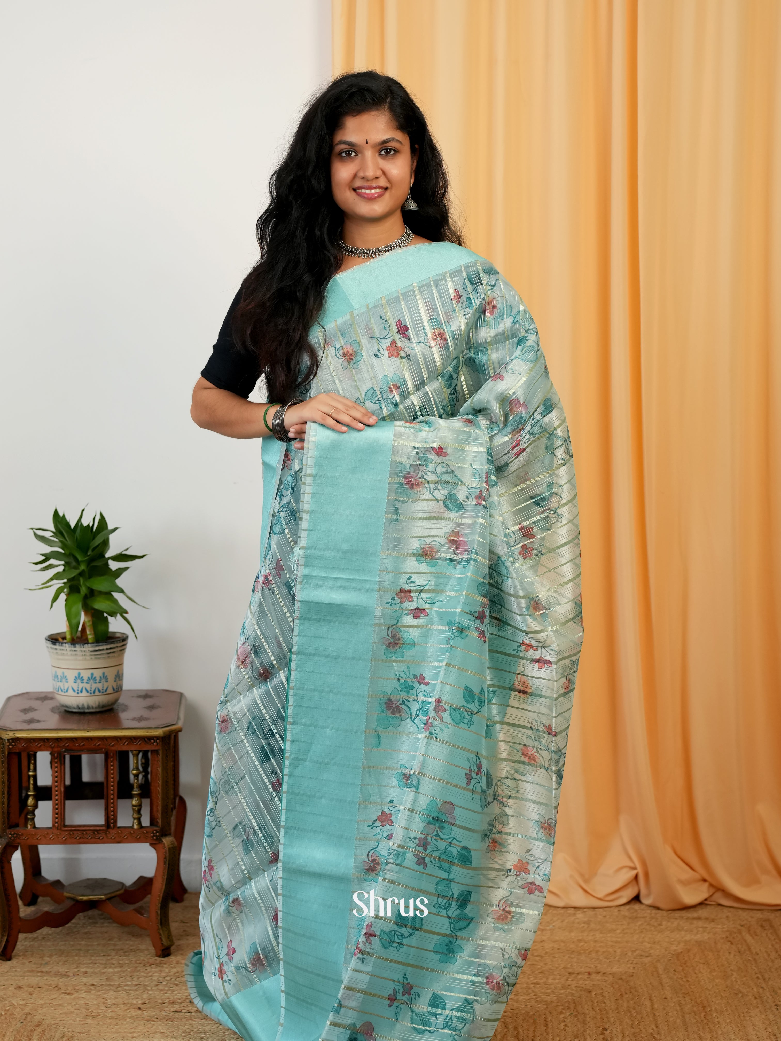 Teal - Semi Organza Saree - Shop on Shrus.com