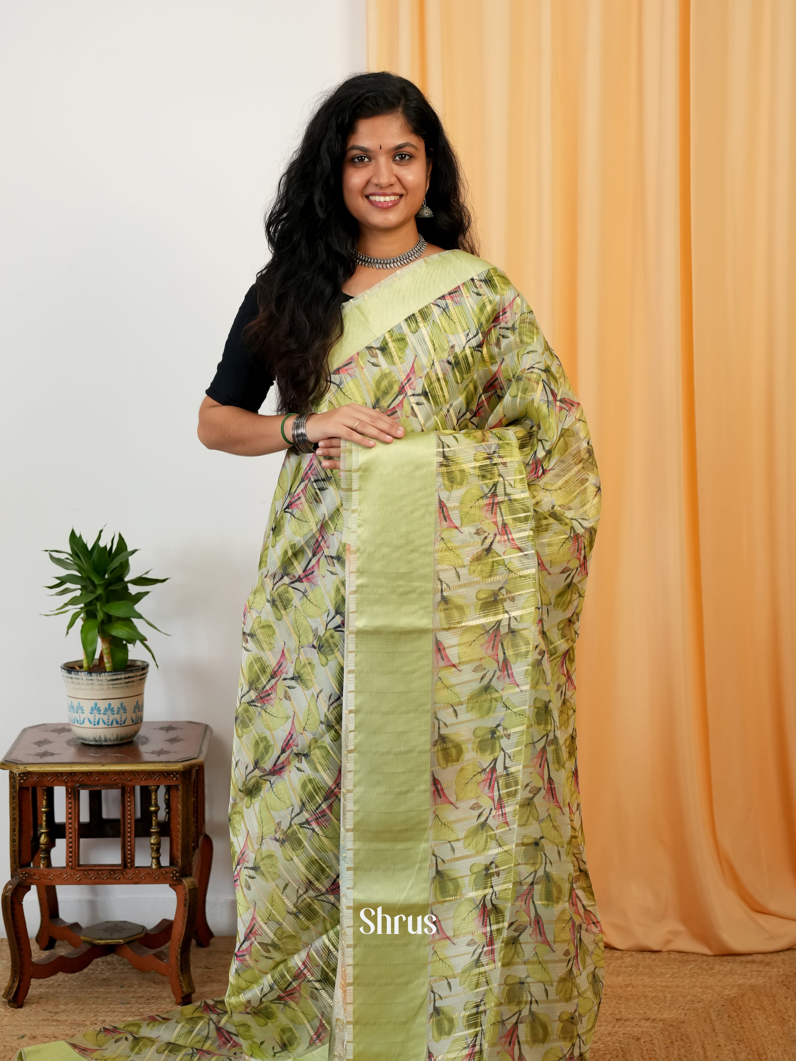 Lite Green - Semi Organza Saree - Shop on Shrus.com