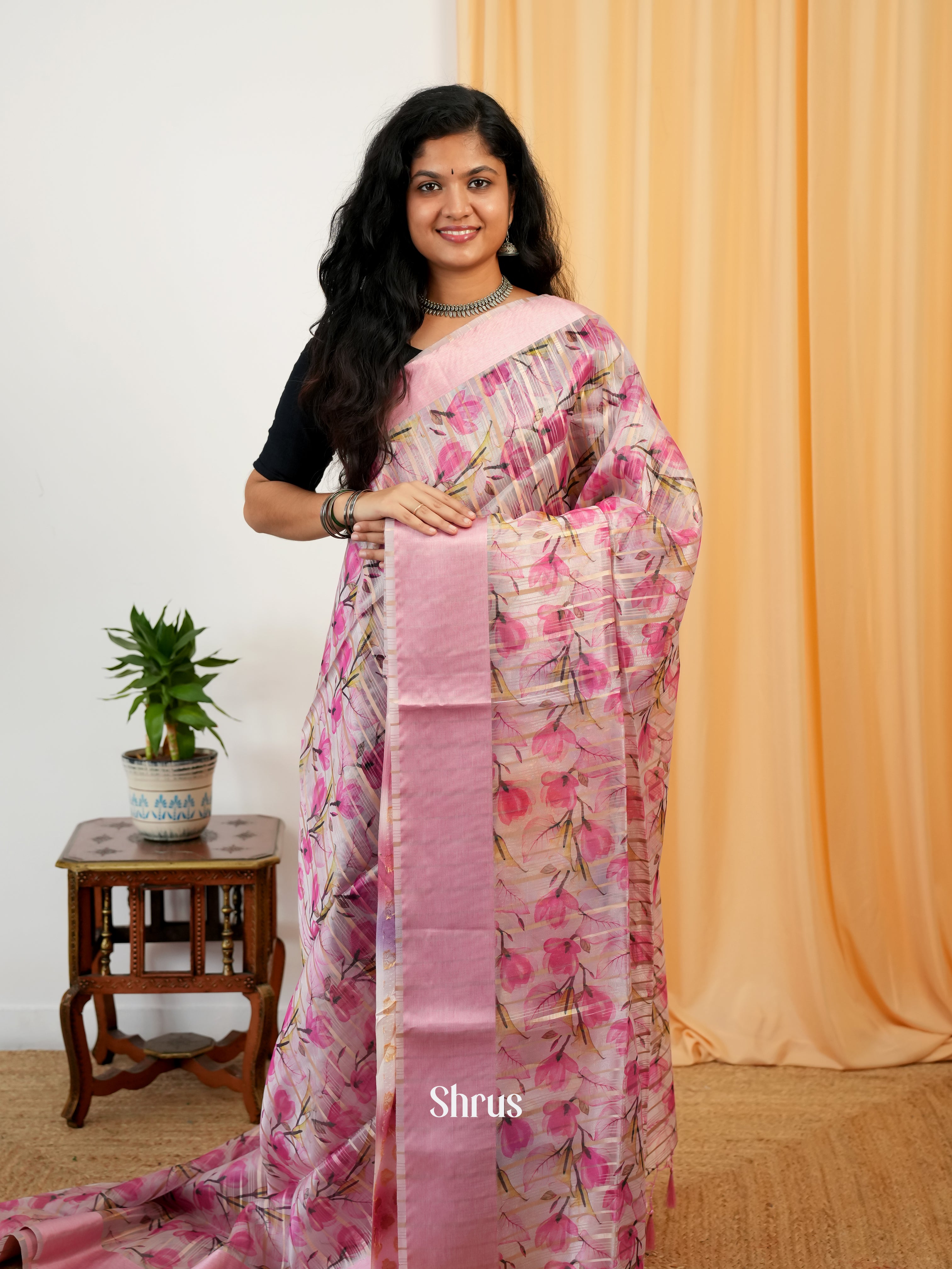 Pink - Semi Organza Saree - Shop on Shrus.com