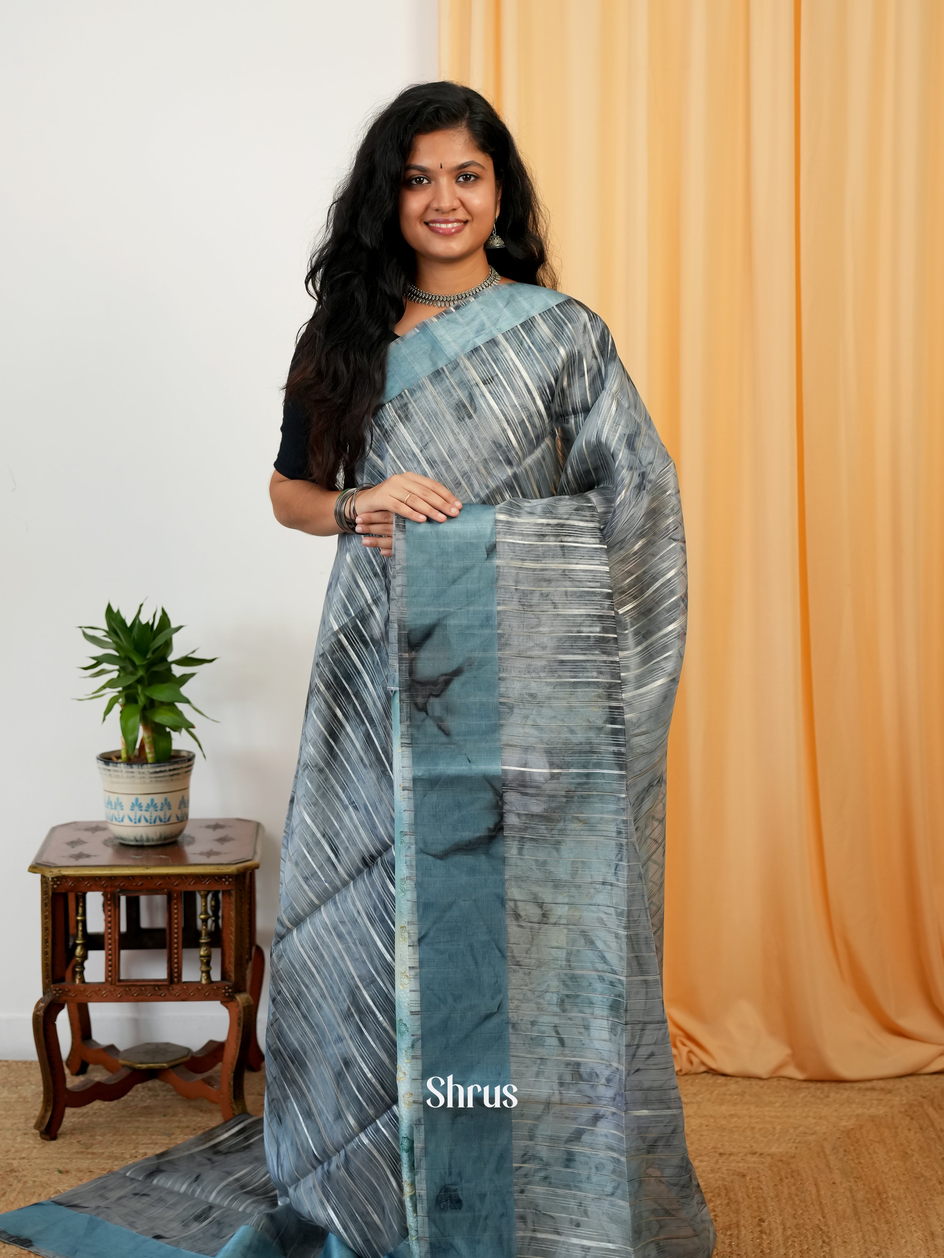 Grey - Semi Organza Saree - Shop on Shrus.com