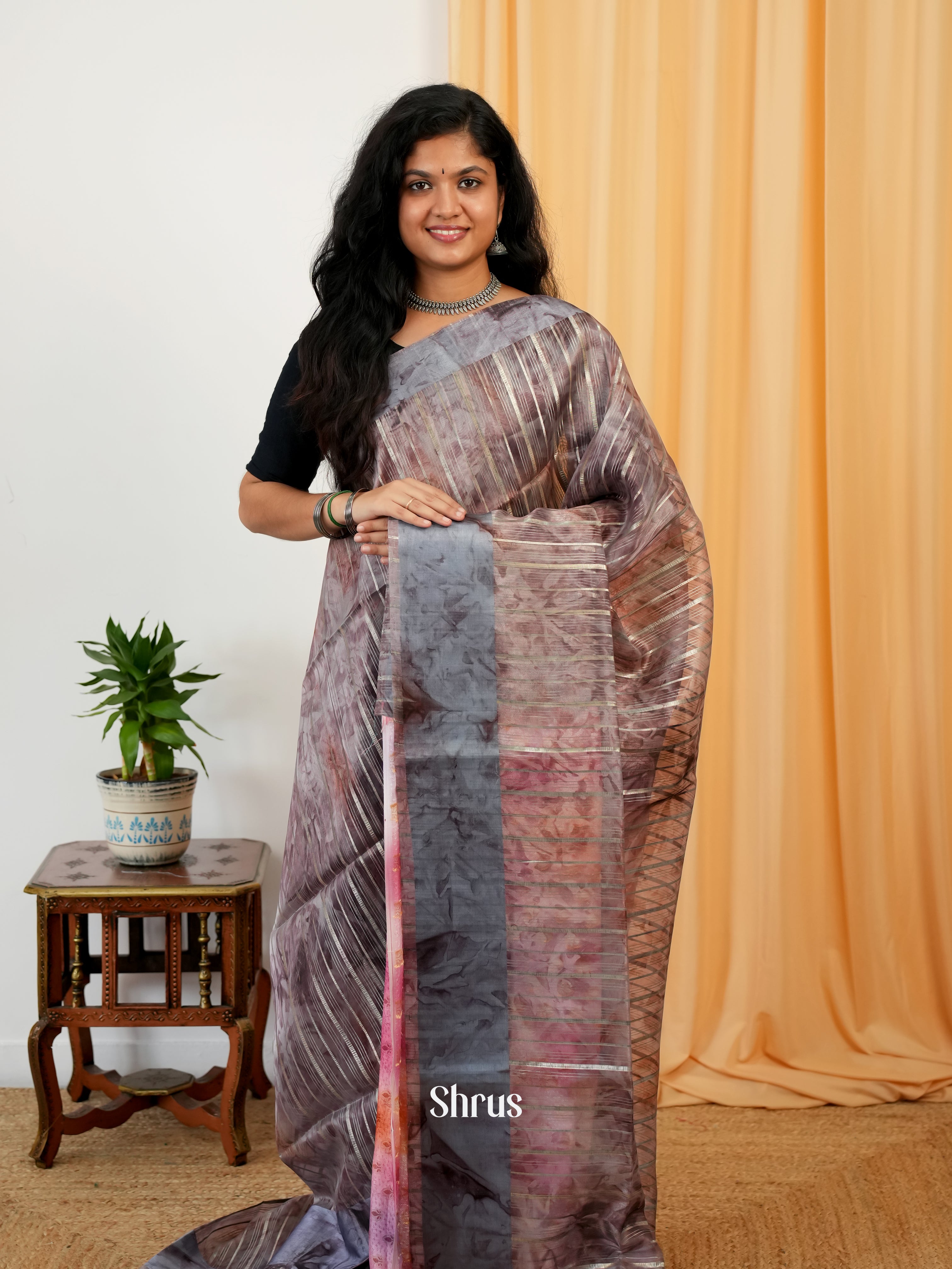 Grey & Pink - Semi Organza Saree - Shop on Shrus.com