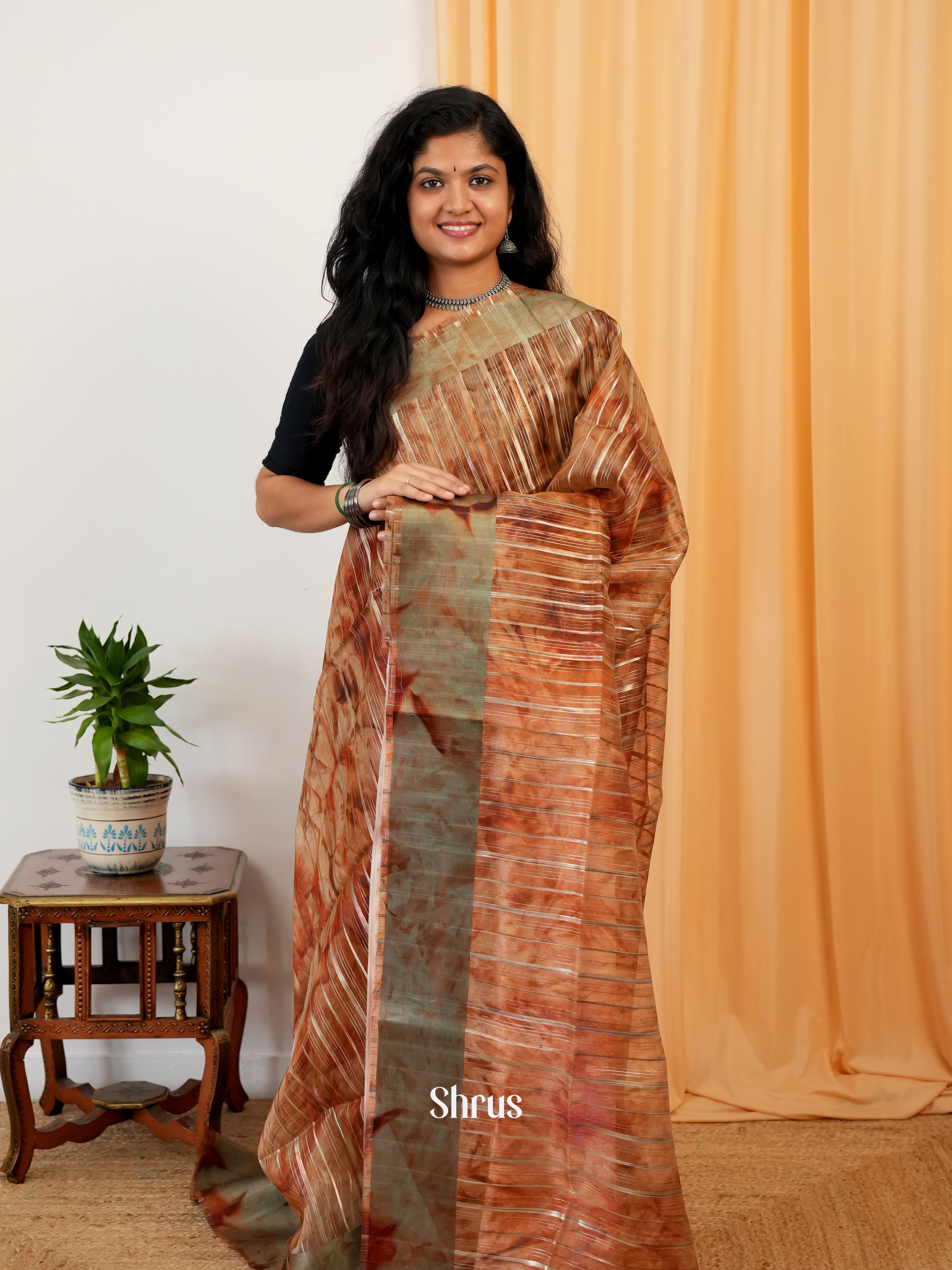 Brown - Semi Organza Saree - Shop on Shrus.com