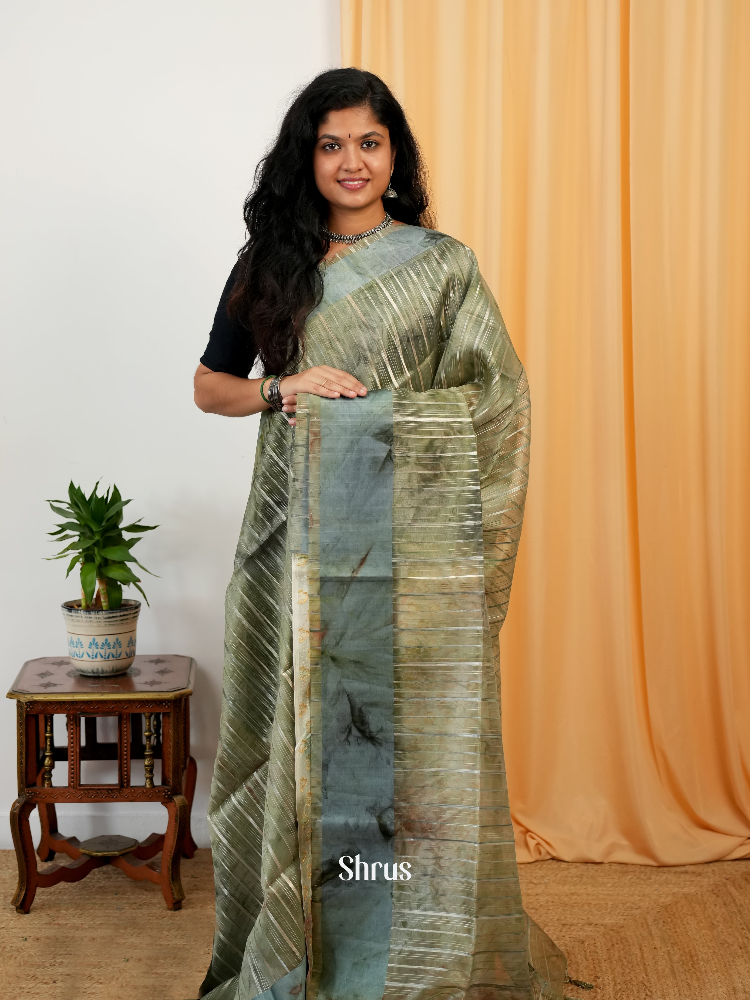 Green & Grey - Semi Organza Saree - Shop on Shrus.com