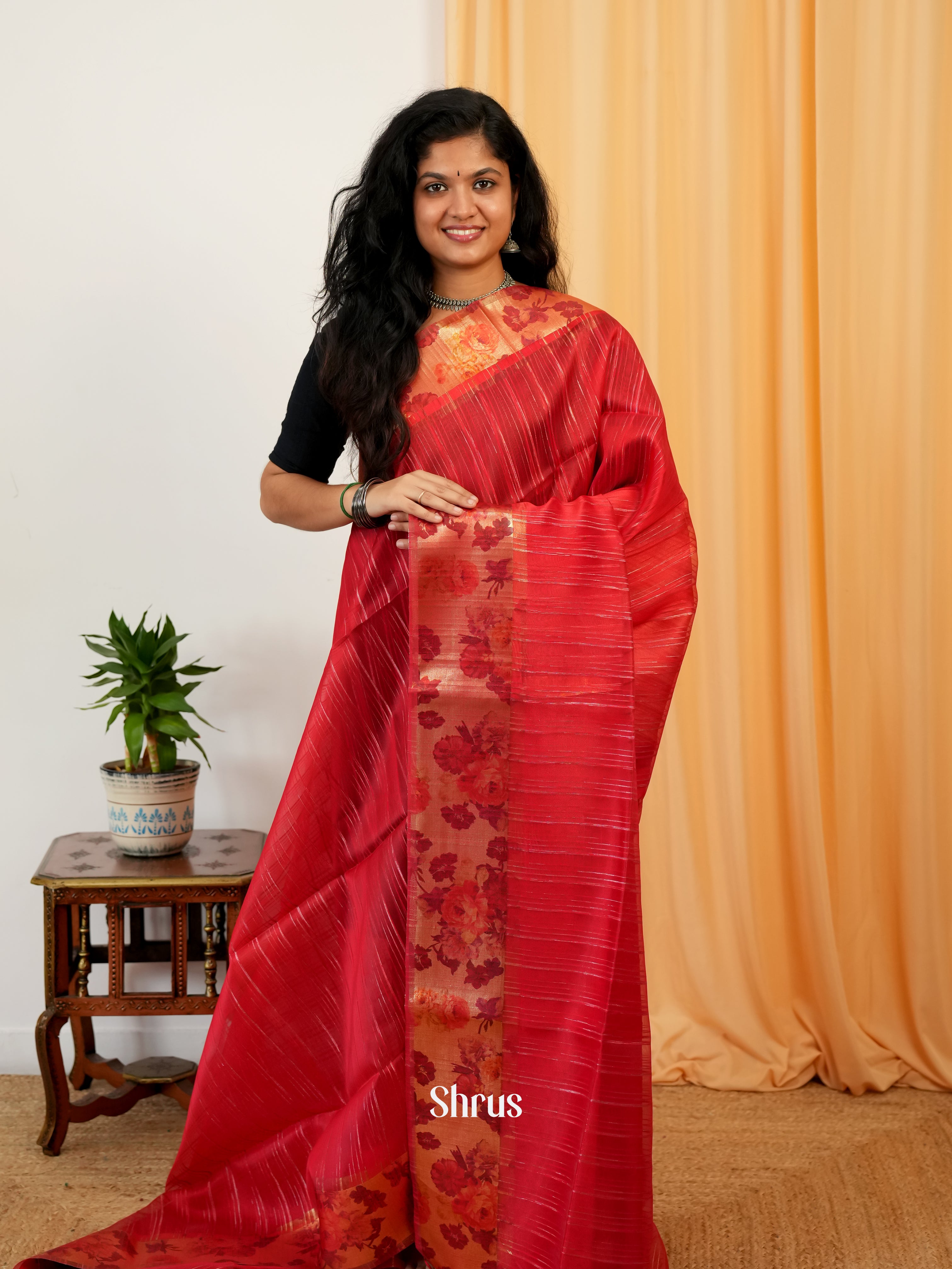 Red - Semi Organza Saree - Shop on Shrus.com
