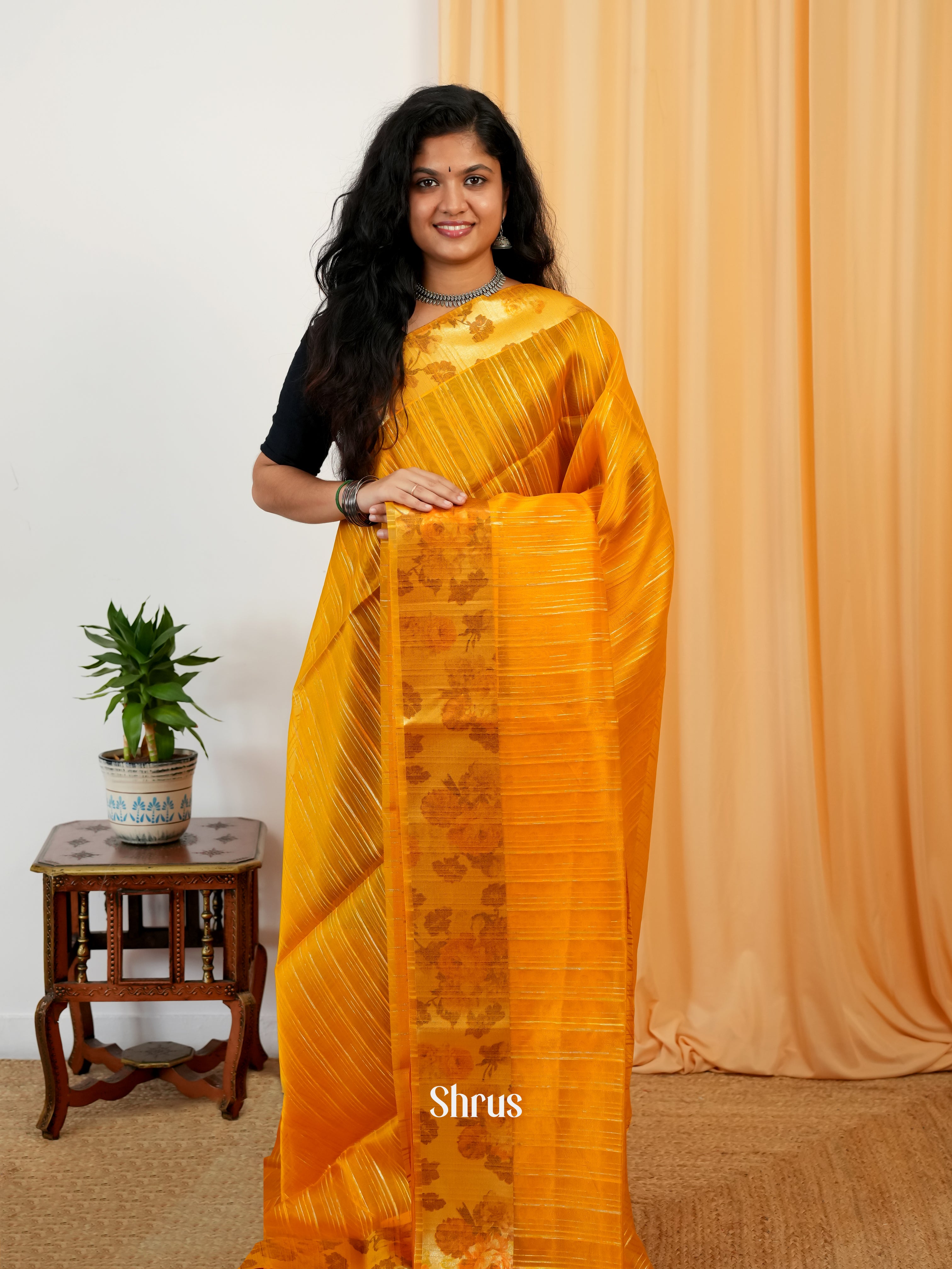 Mustard - Semi Organza Saree - Shop on Shrus.com