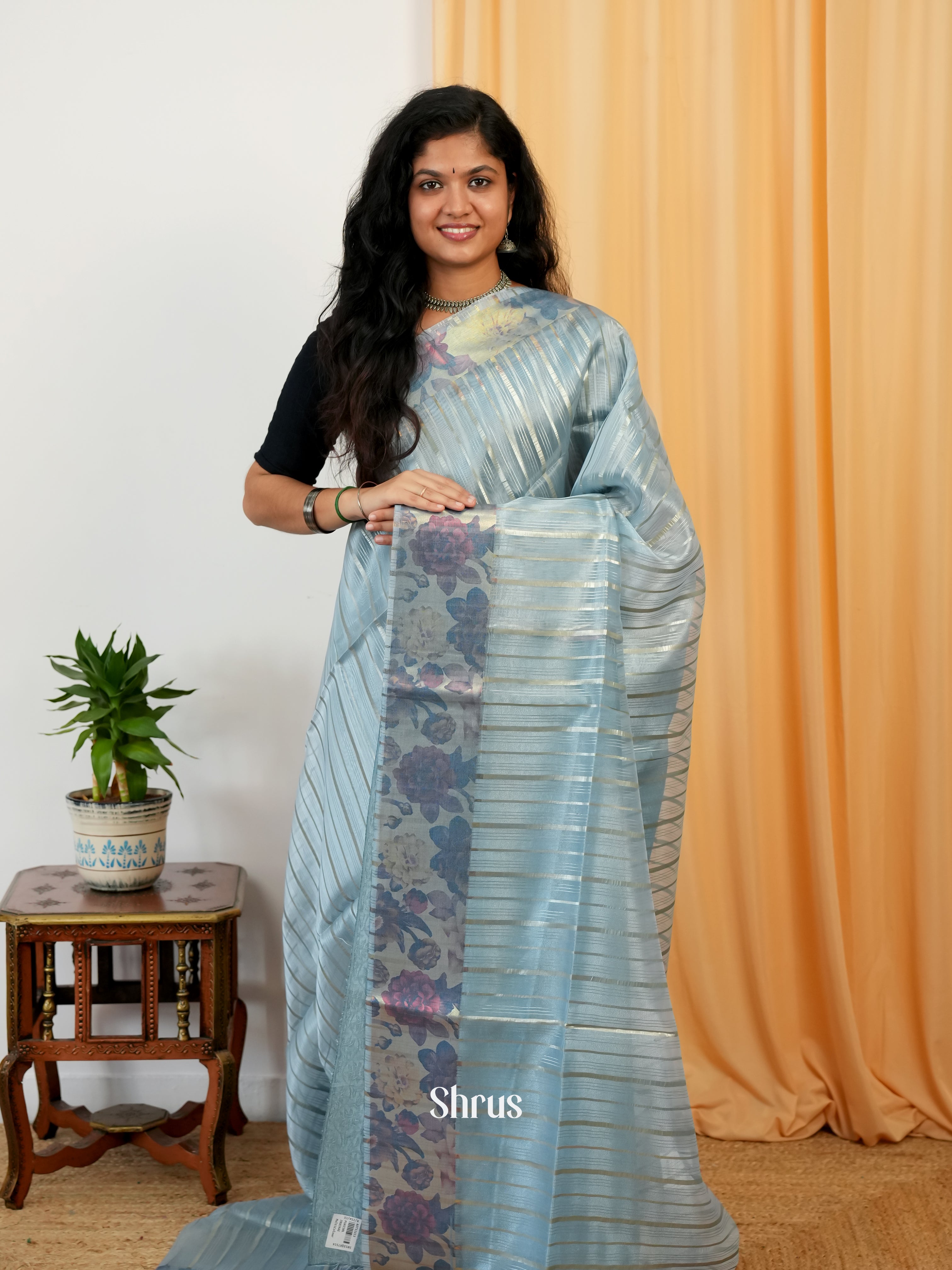 Blue - Semi Organza Saree - Shop on Shrus.com