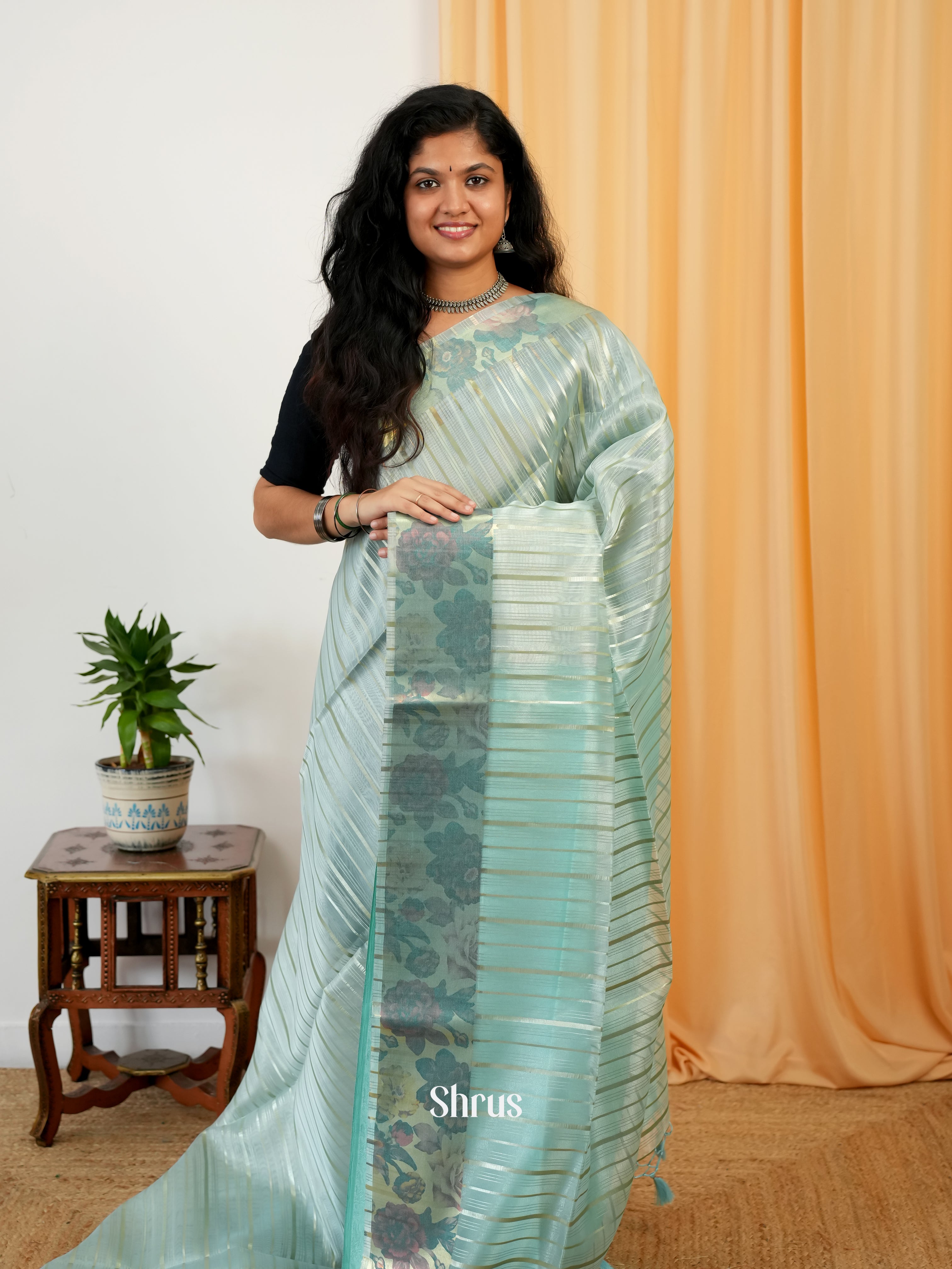 Teal - Semi Organza Saree - Shop on Shrus.com