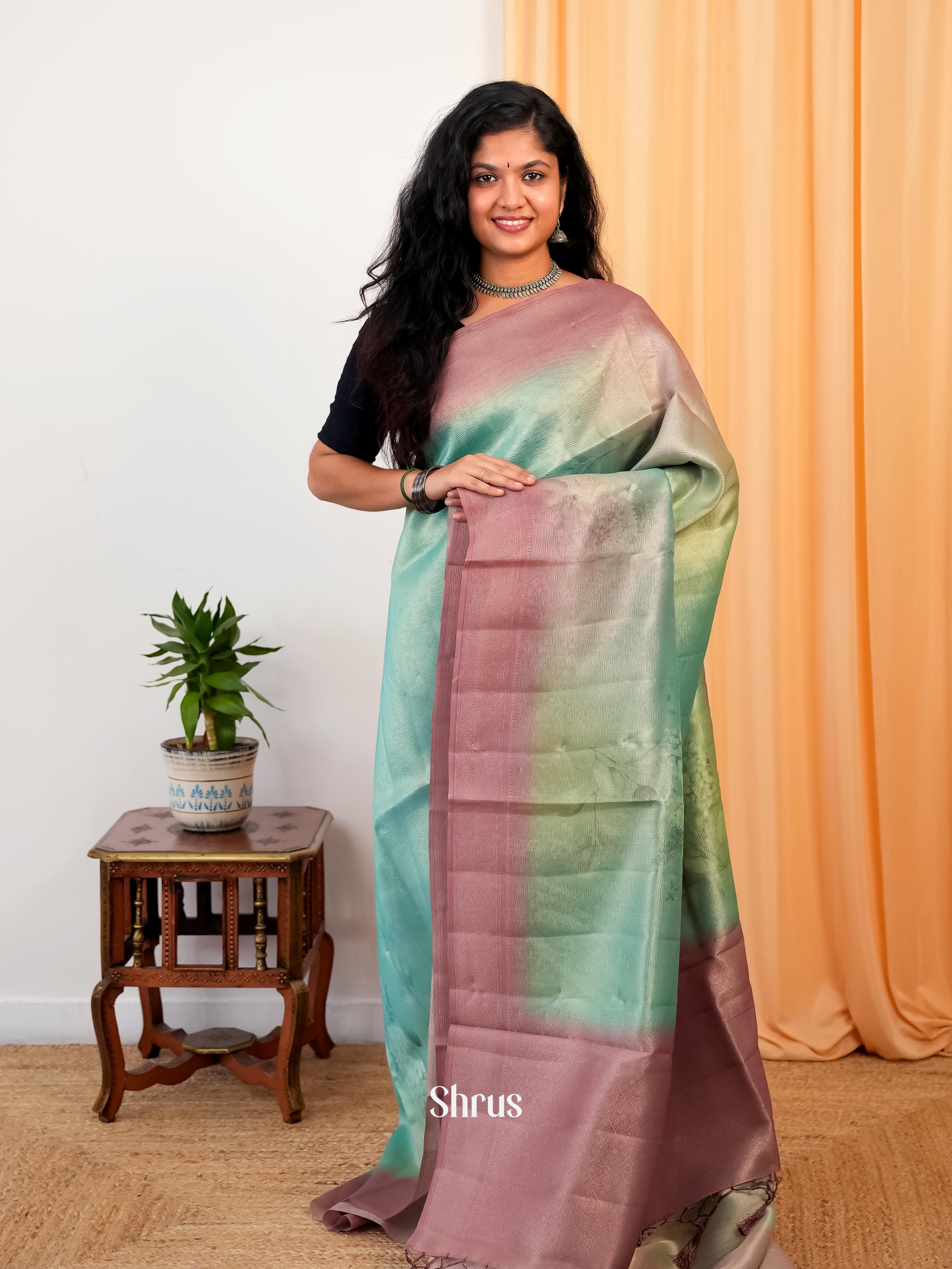 Teal & Purple - Bamboo silk Saree - Shop on Shrus.com