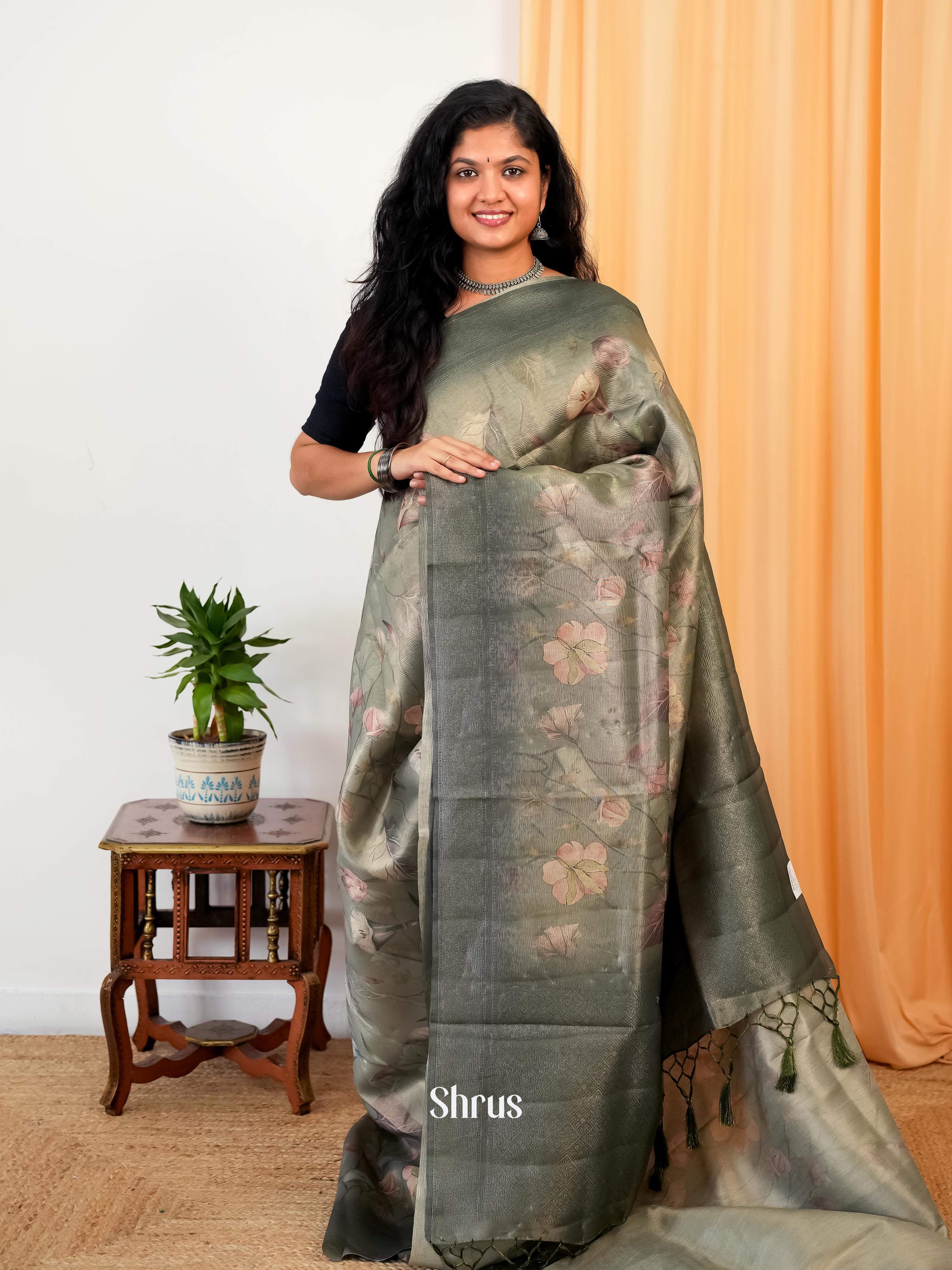 Grey Green - Bamboo silk Saree - Shop on Shrus.com