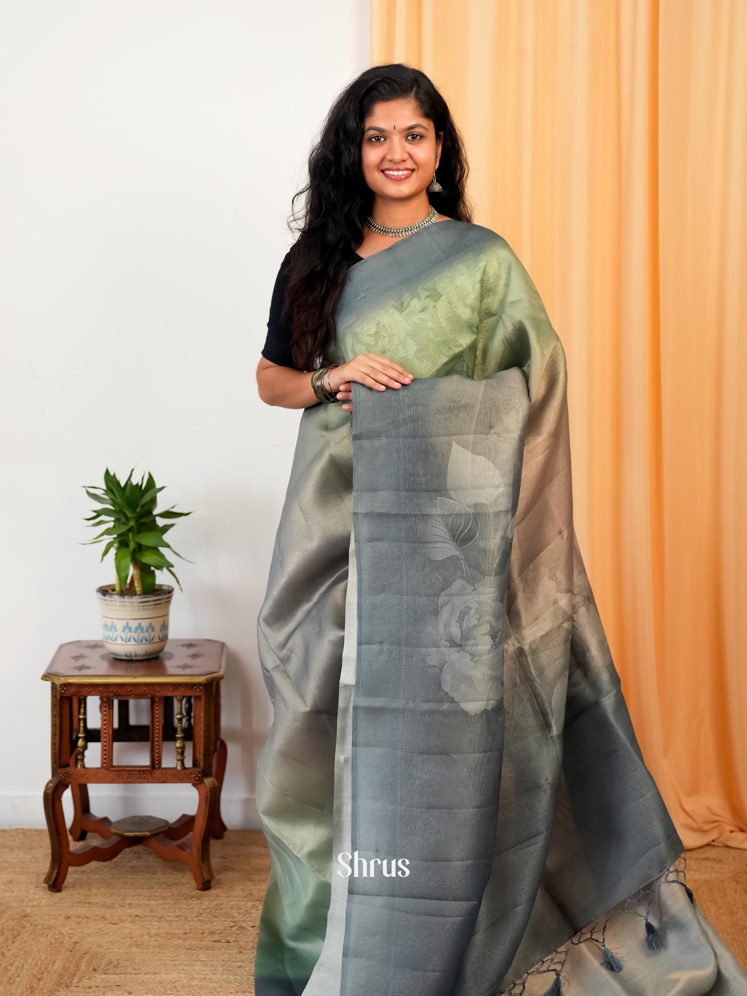 Green & Grey - Bamboo silk Saree - Shop on Shrus.com