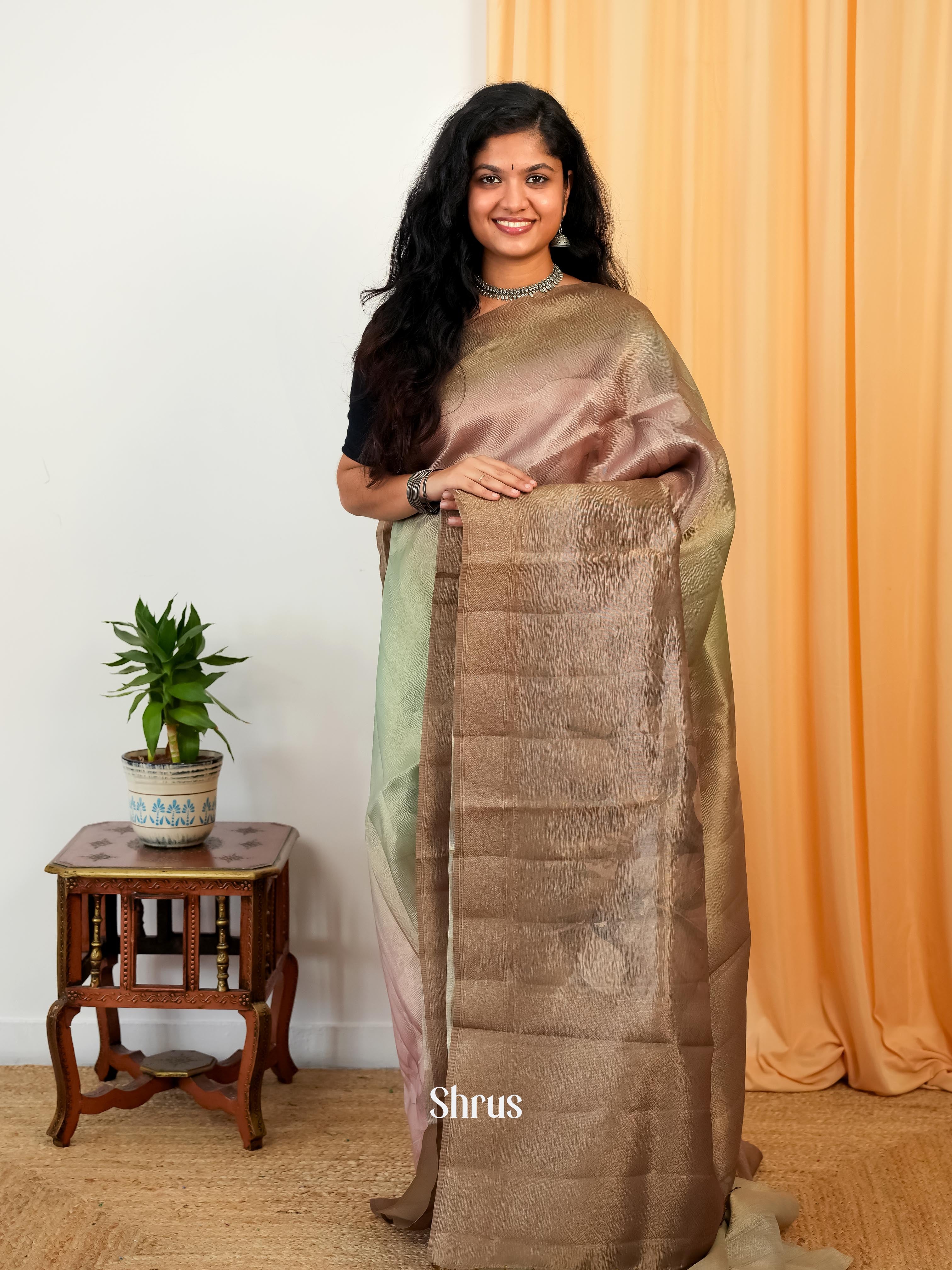 Green & Brown - Bamboo silk Saree - Shop on Shrus.com