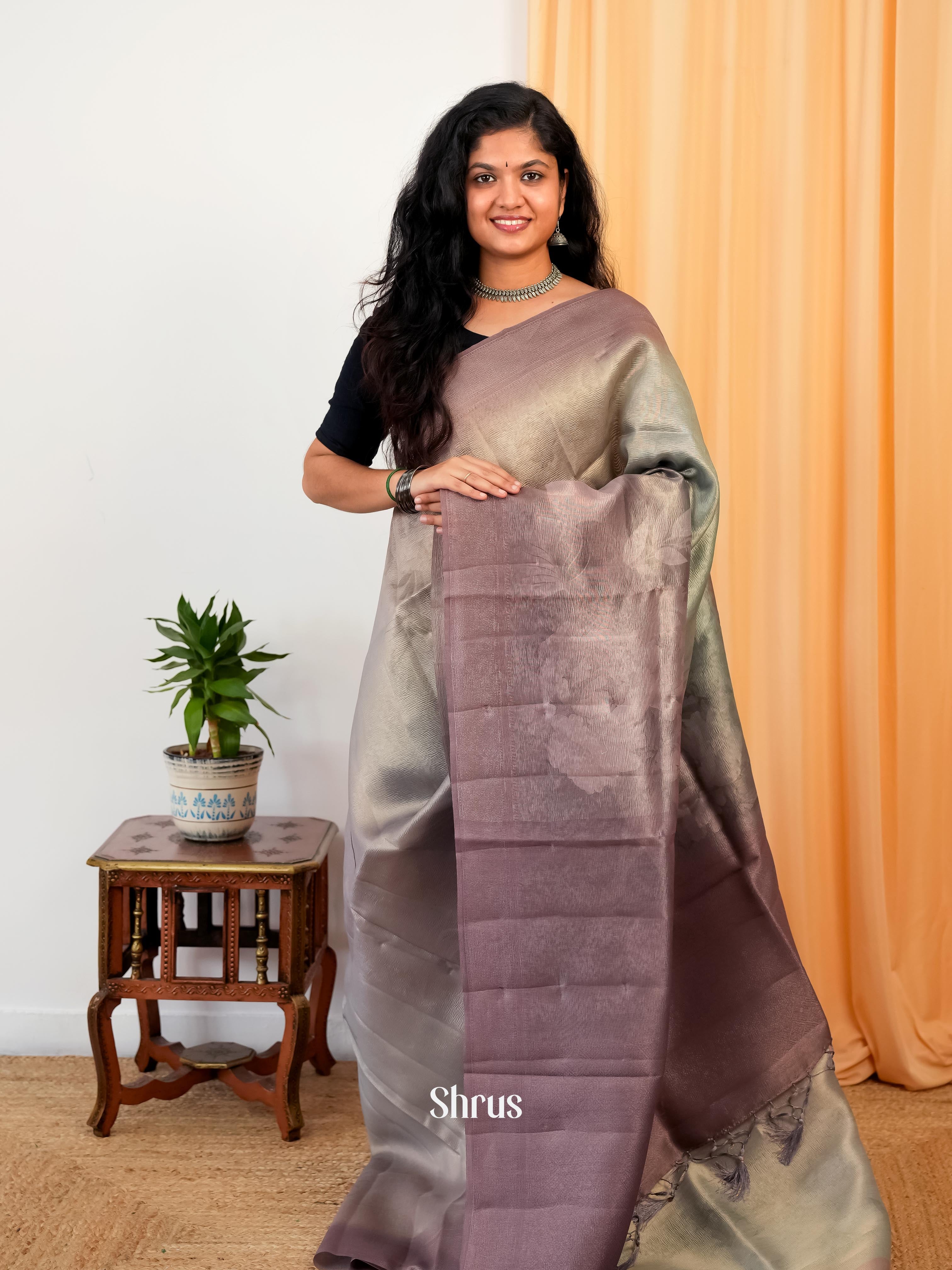 Grey & Purple - Bamboo silk Saree - Shop on Shrus.com
