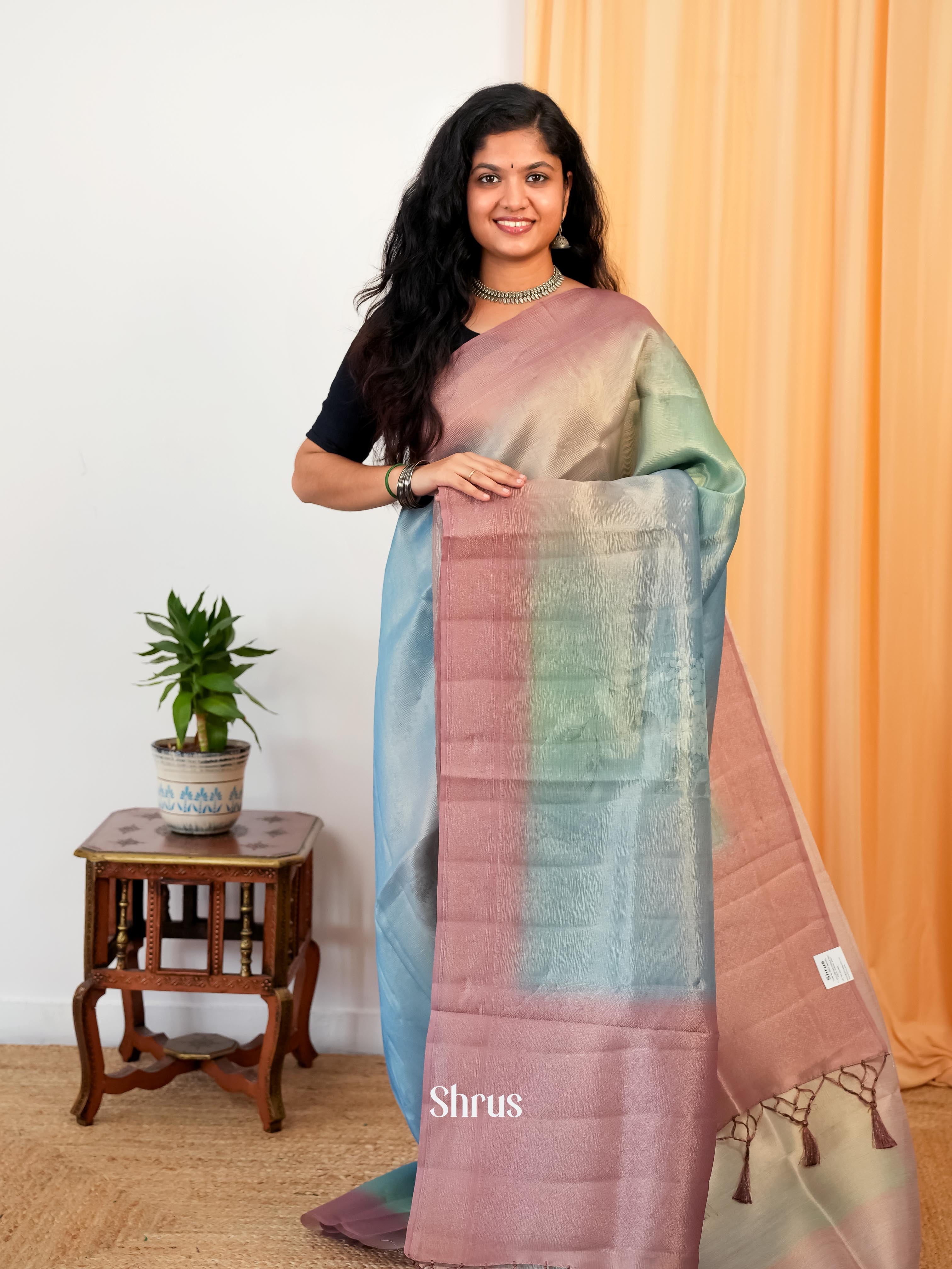 Blue & Onion Peel - Bamboo silk Saree - Shop on Shrus.com
