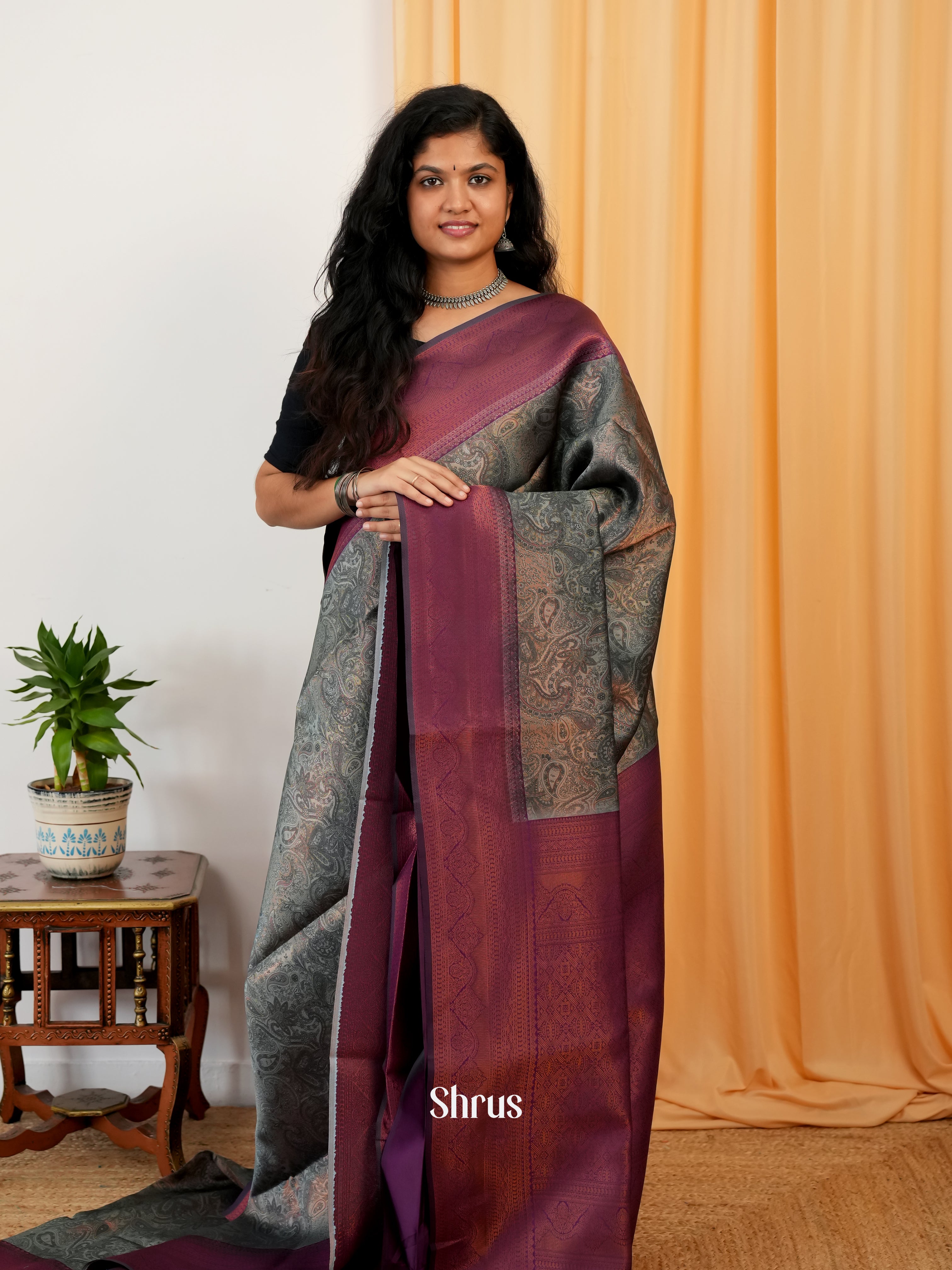 Grey & Purple - Semi Organza Saree - Shop on Shrus.com