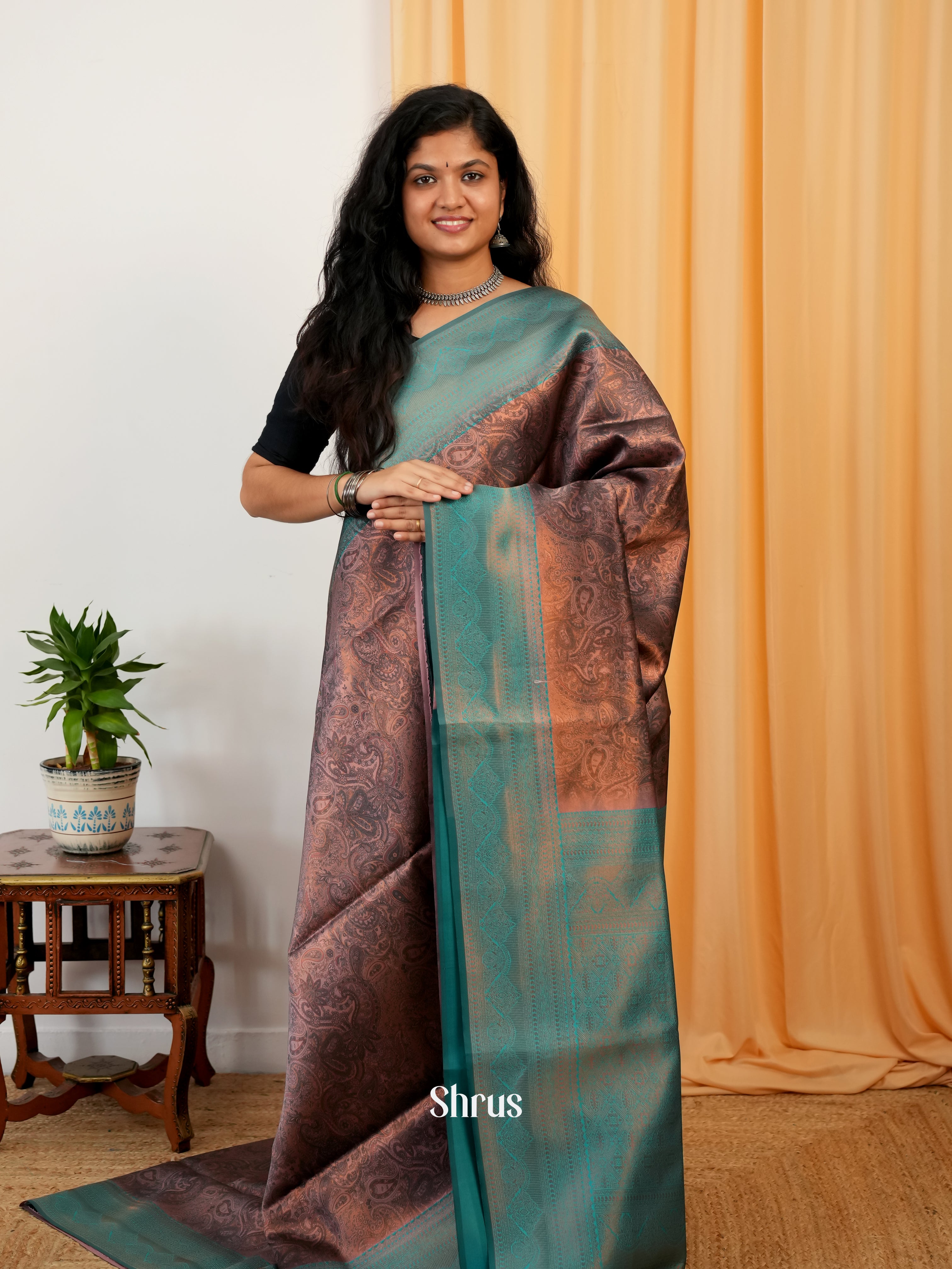 Brown & Green- Semi Organza Saree - Shop on Shrus.com