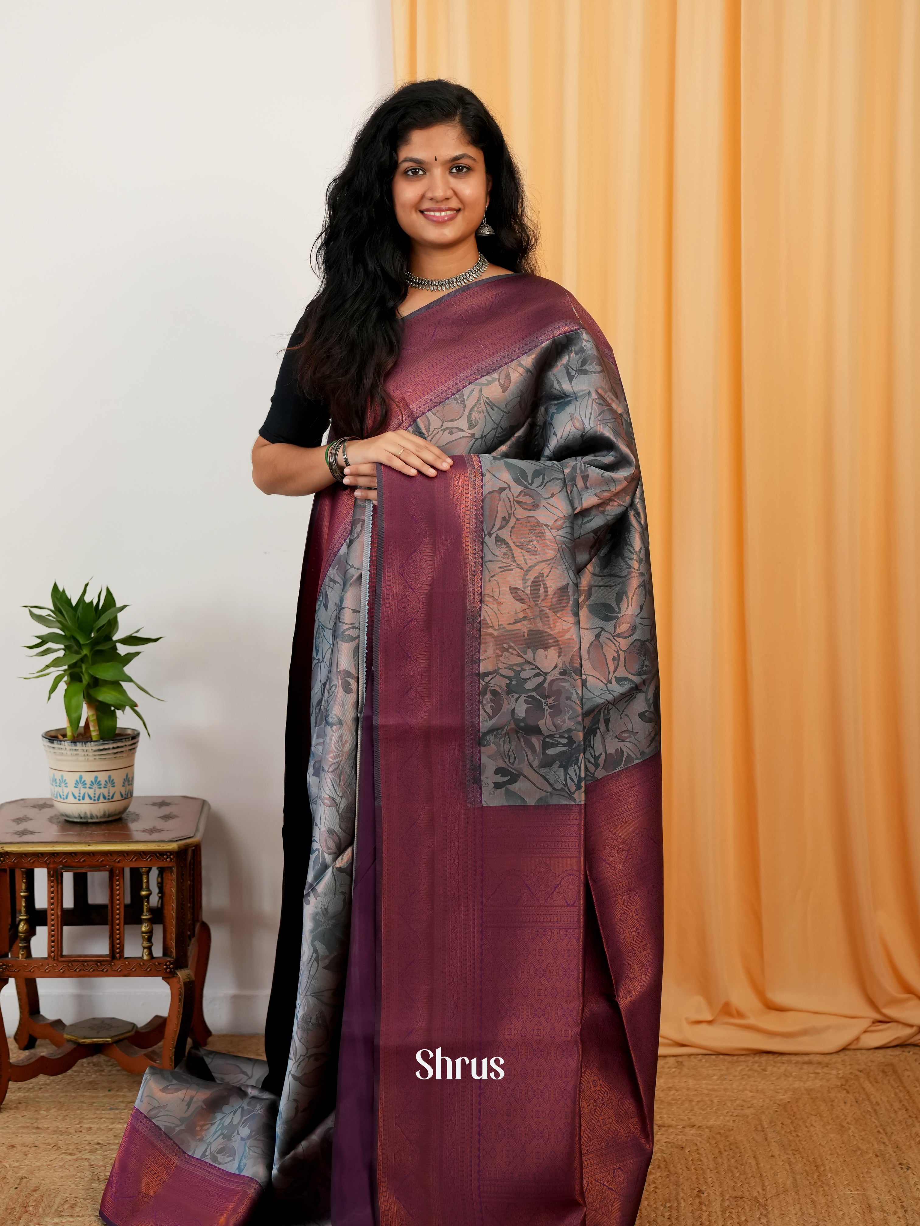 Grey & Purple - Semi Organza Saree - Shop on Shrus.com