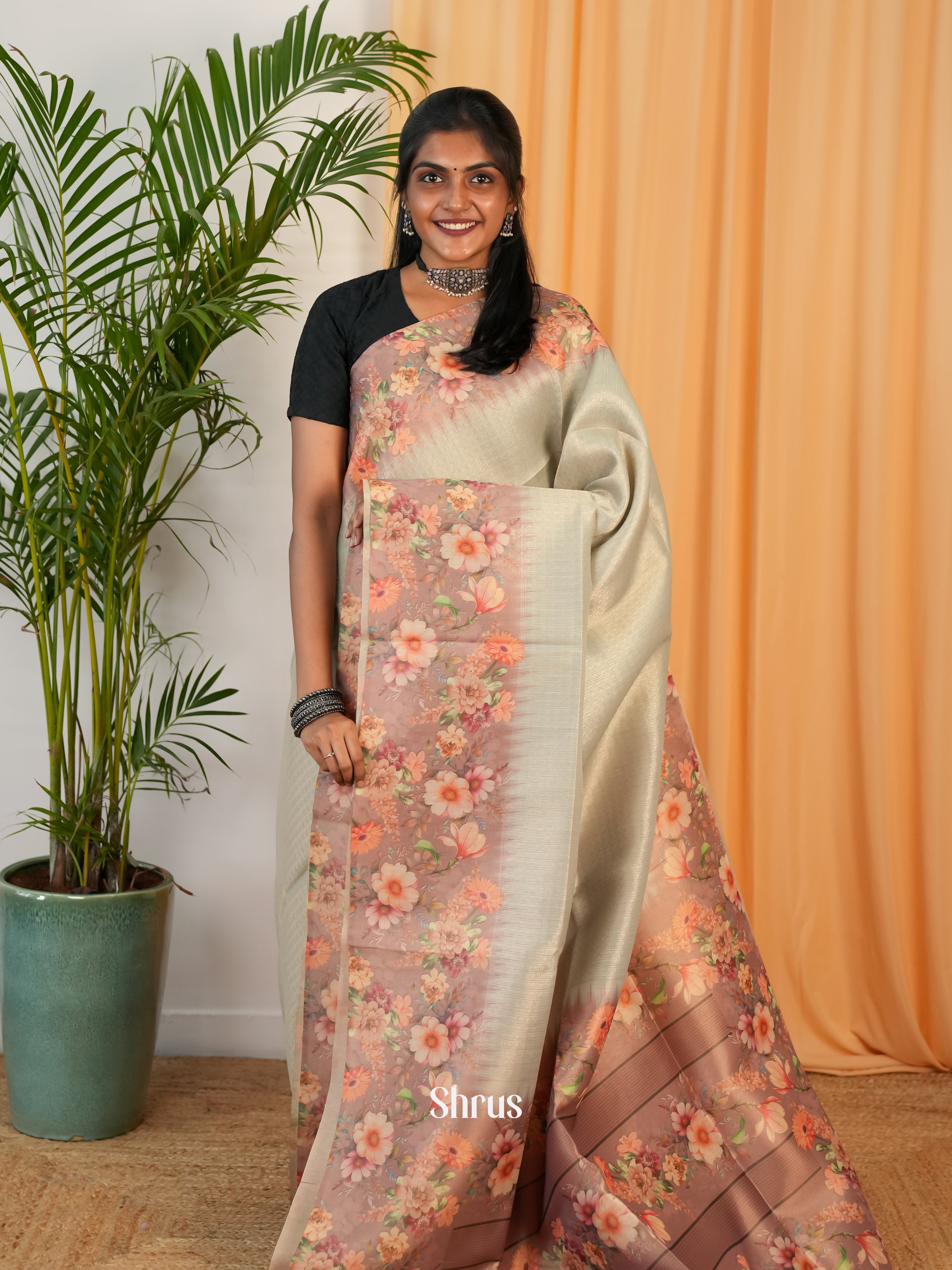 Grey & Brown - Semi Organza Saree - Shop on Shrus.com