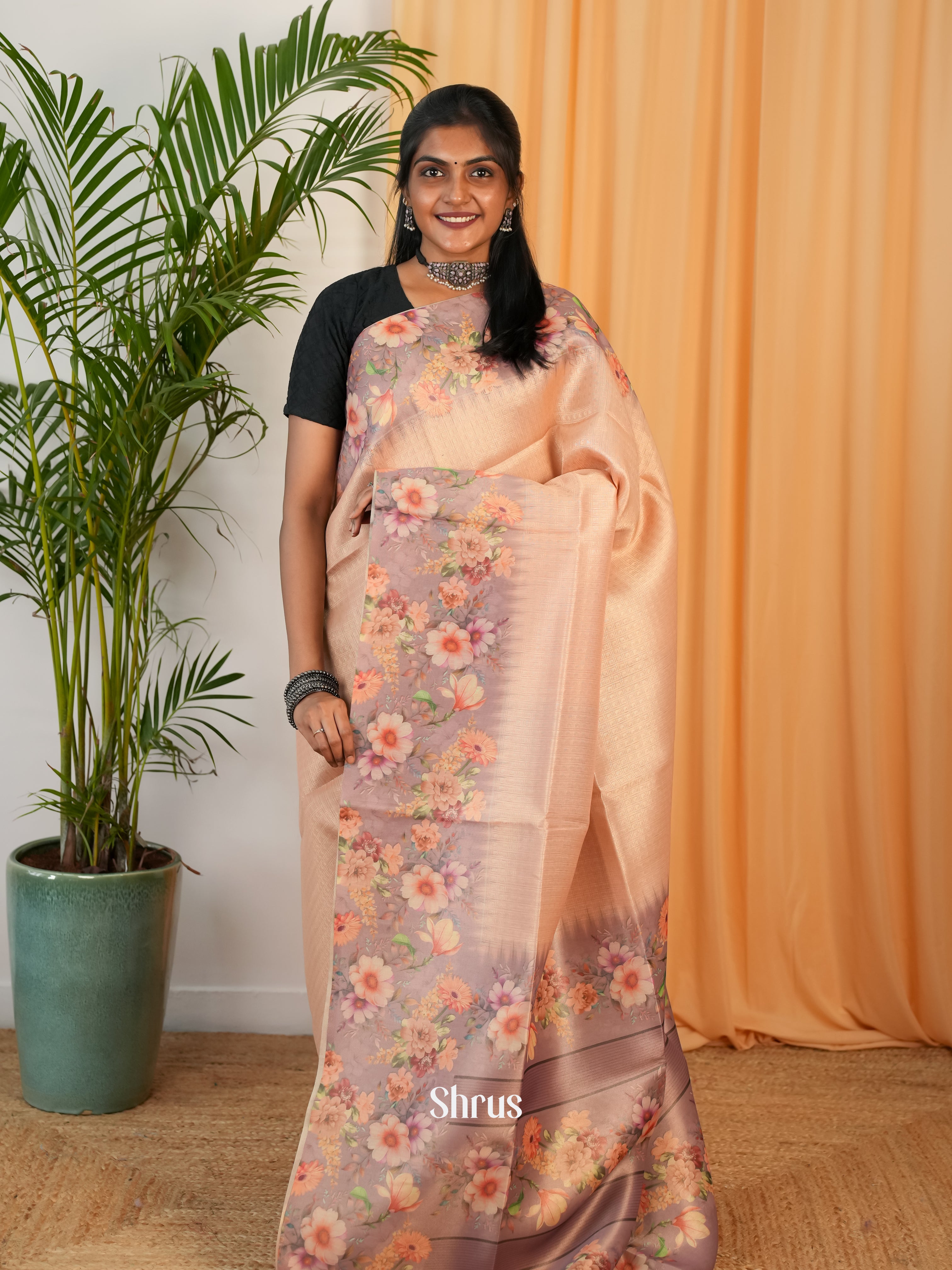 Beige & Dusty Pink - Semi Organza Saree - Shop on Shrus.com