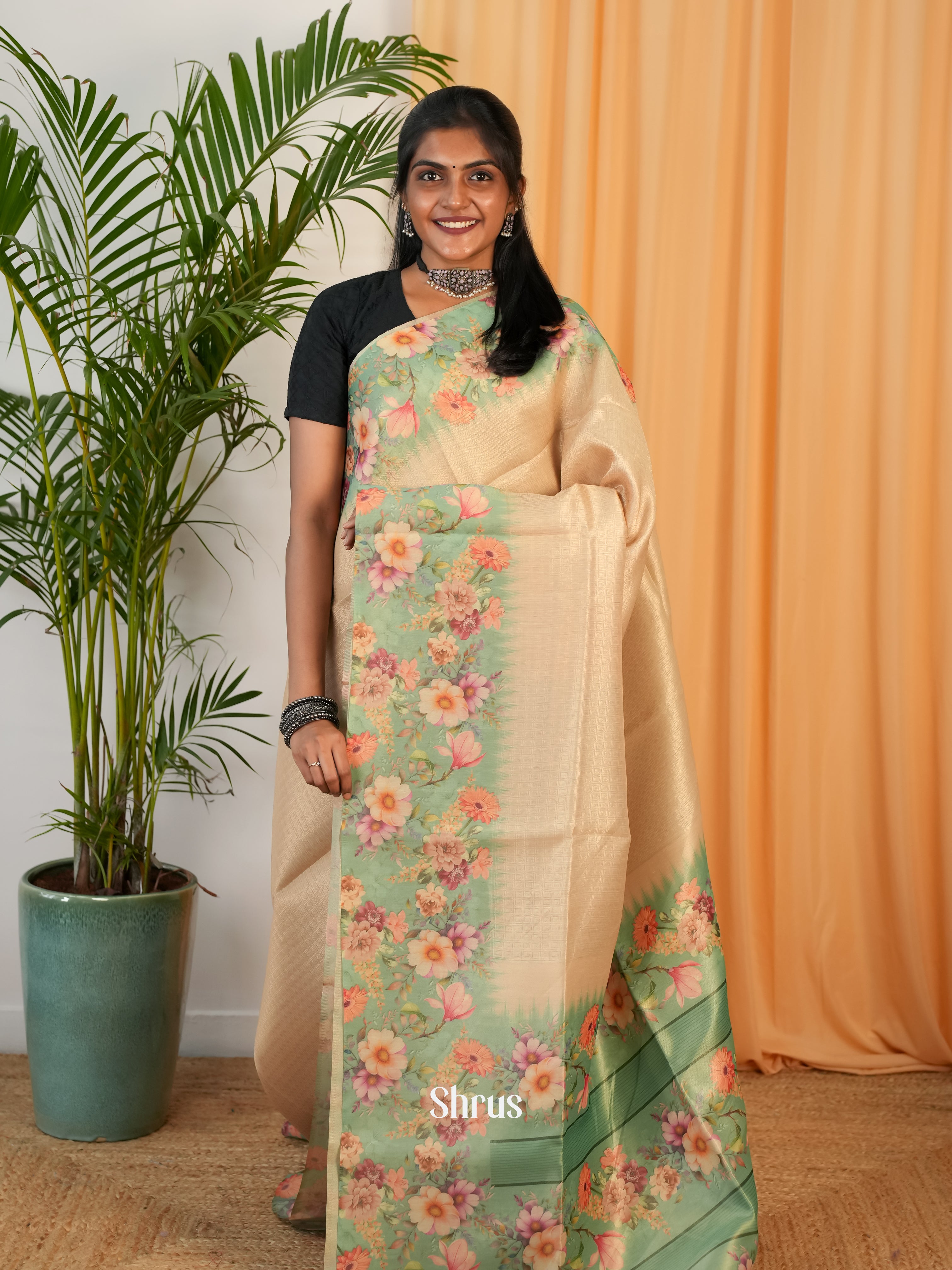 Beige & Green - Semi Organza Saree - Shop on Shrus.com