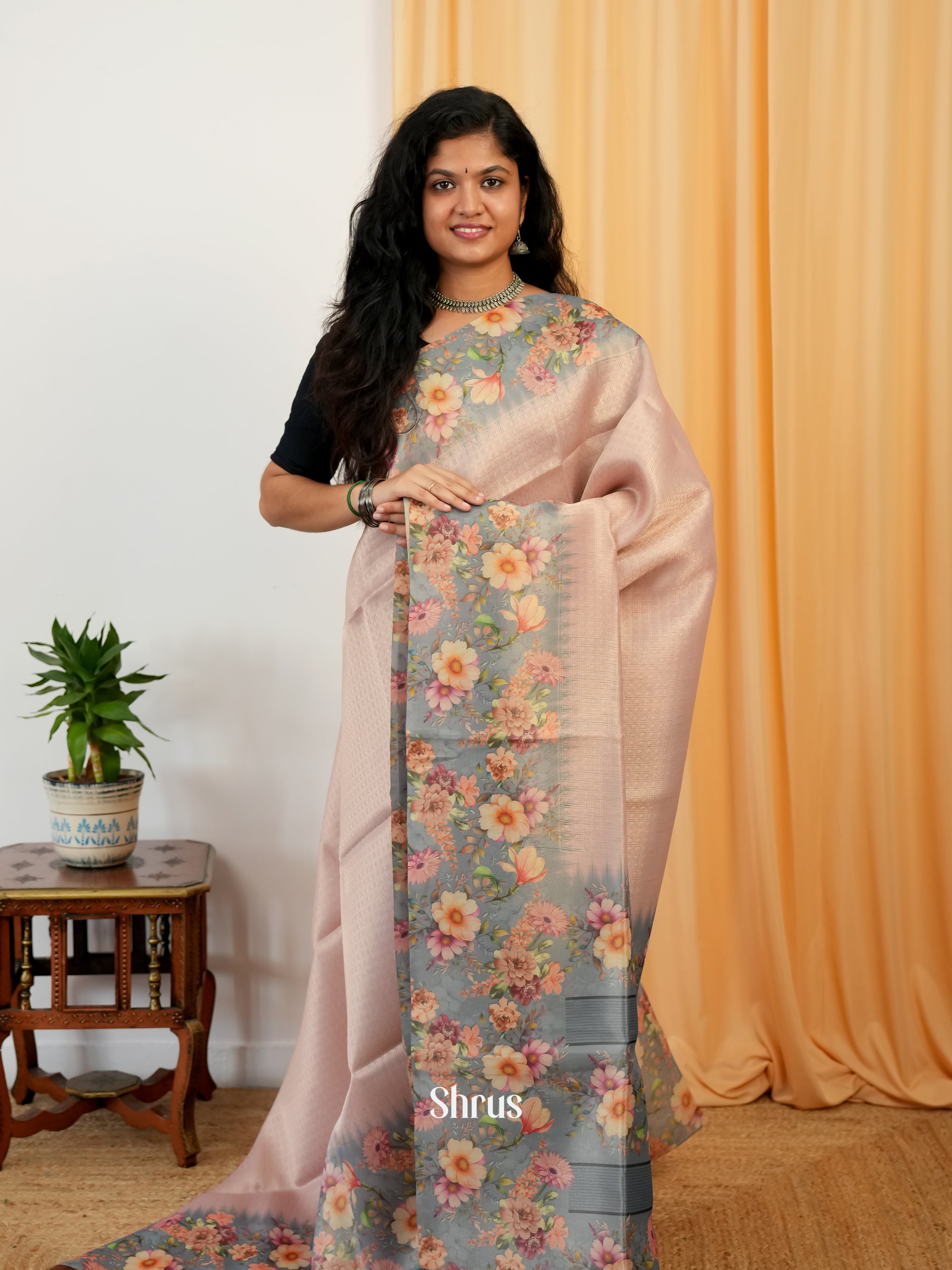 Pink & Grey - Semi Organza Saree - Shop on Shrus.com