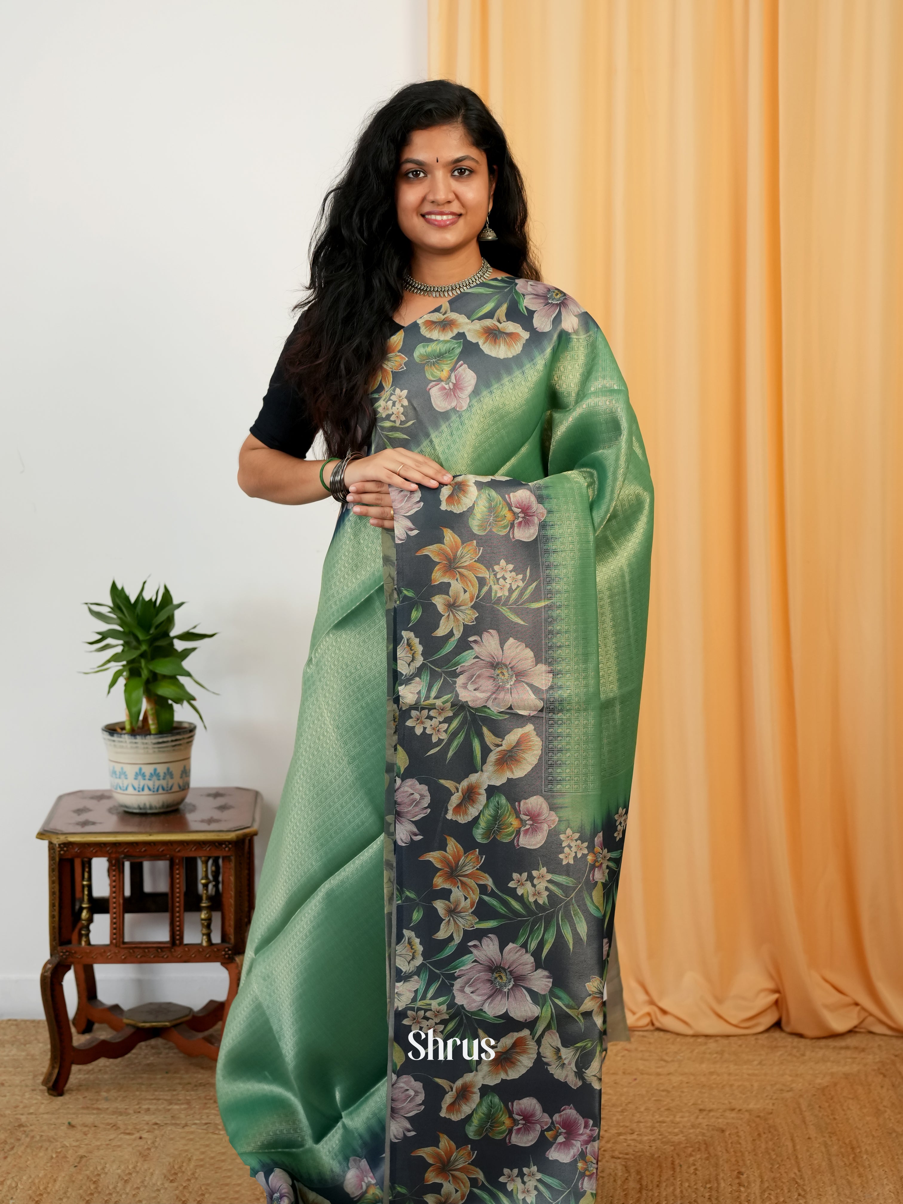 Green & Grey - Semi Organza Saree - Shop on Shrus.com