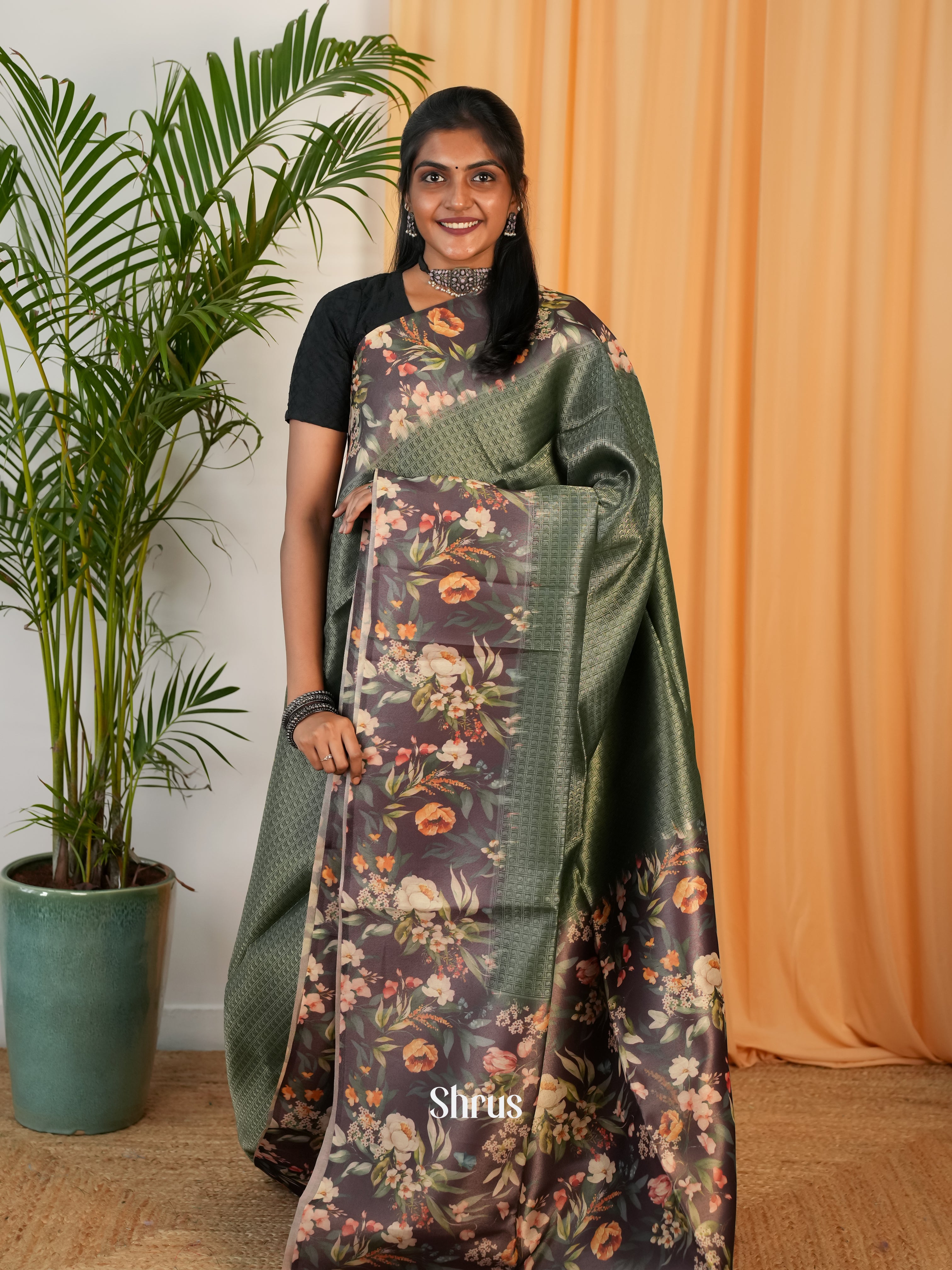 Green & Brown - Semi Organza Saree - Shop on Shrus.com