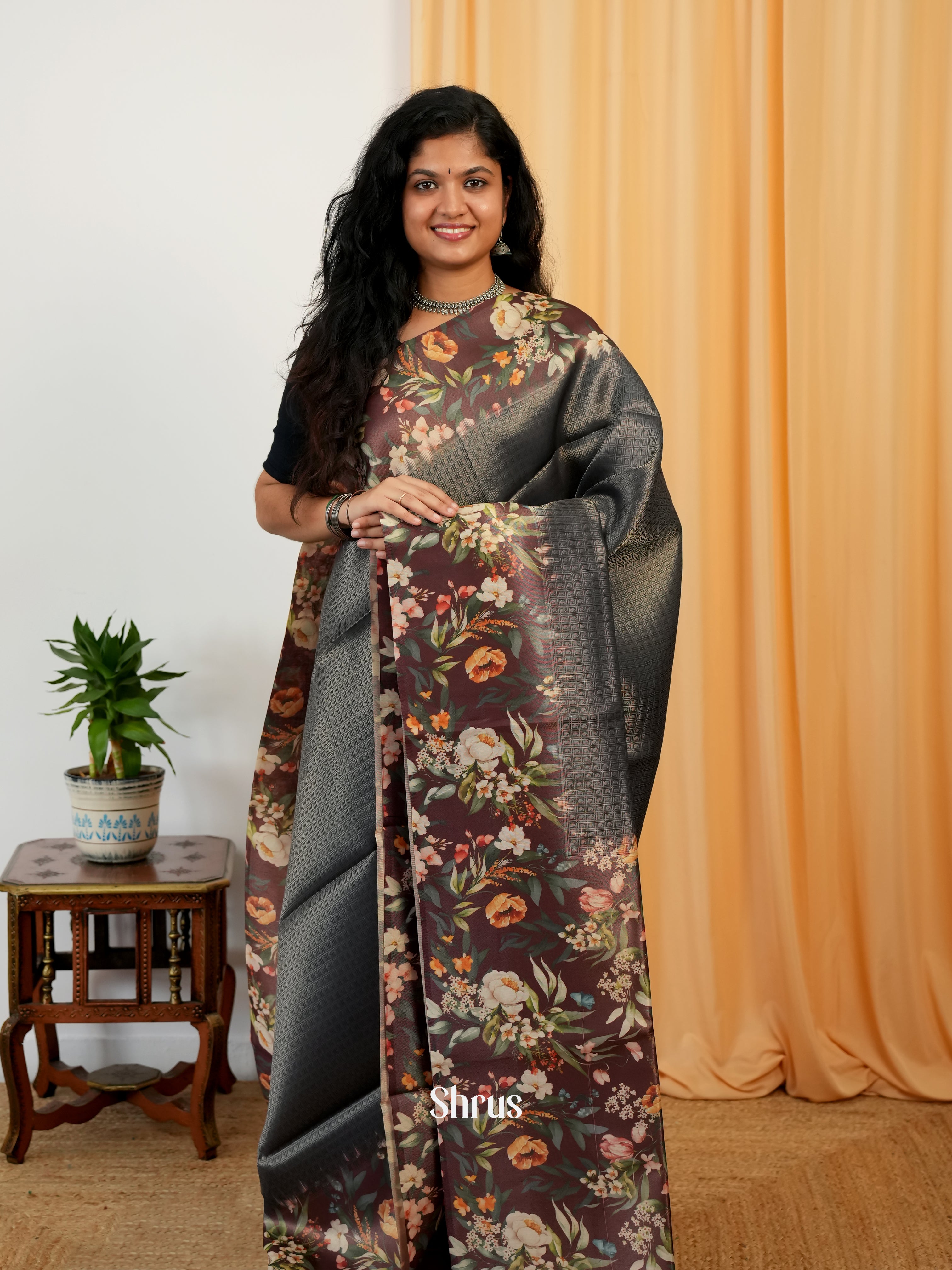 Grey & Brown - Semi Organza Saree - Shop on Shrus.com