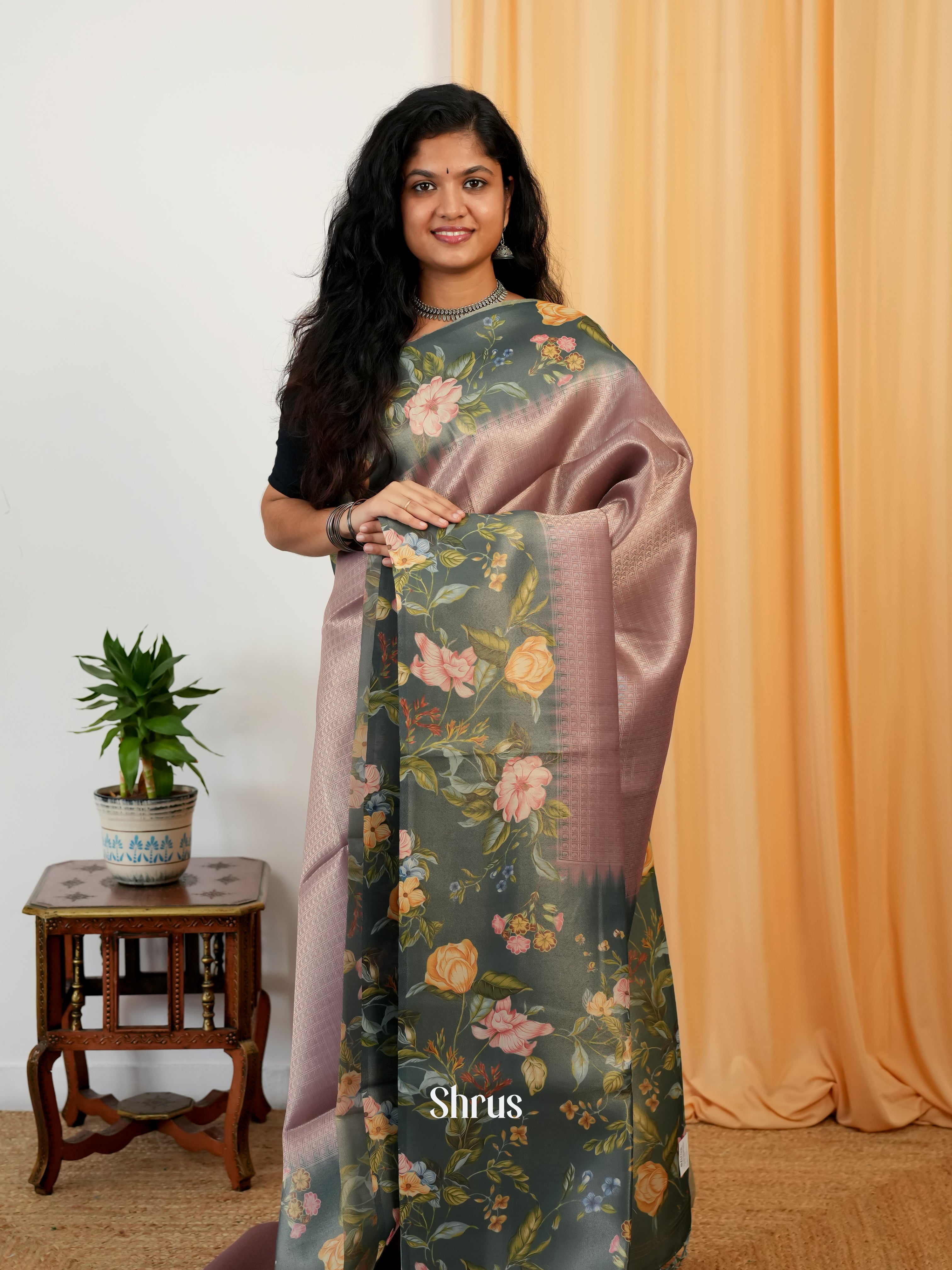 Dusty Pink & Green - Semi Organza Saree - Shop on Shrus.com