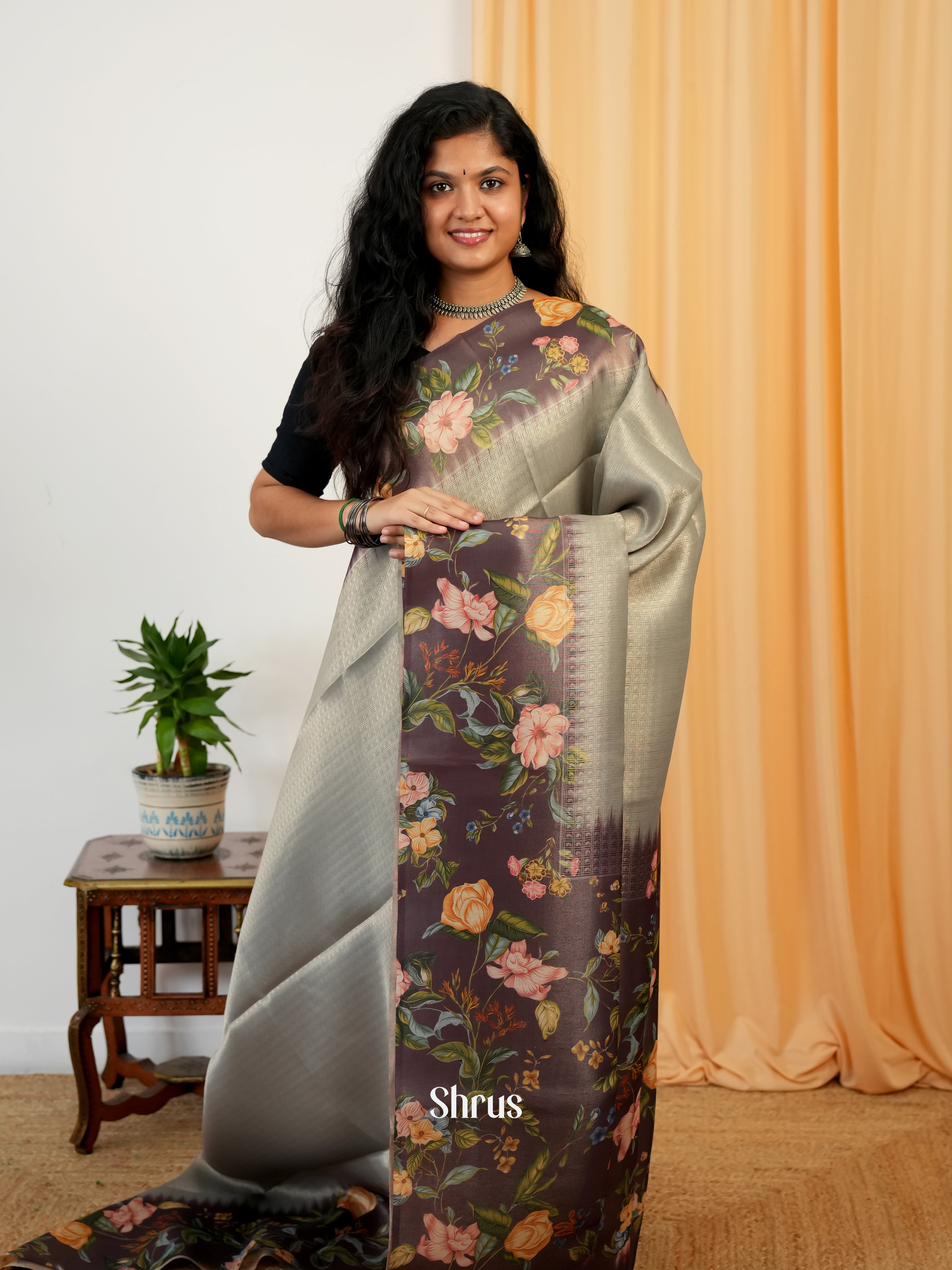 Grey & Brown - Semi Organza Saree - Shop on Shrus.com