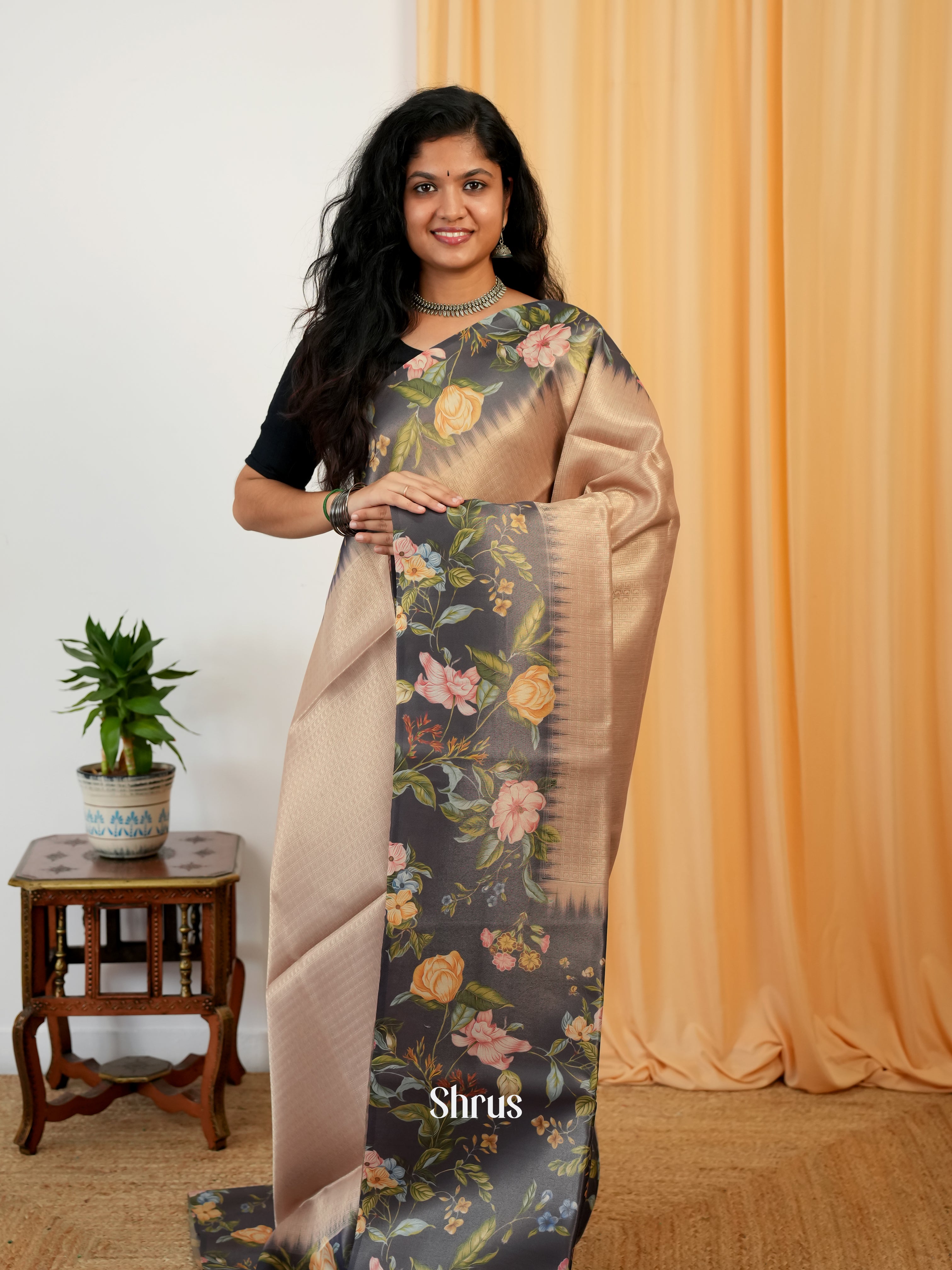 Dusty Brown & Black - Semi Organza Saree - Shop on Shrus.com