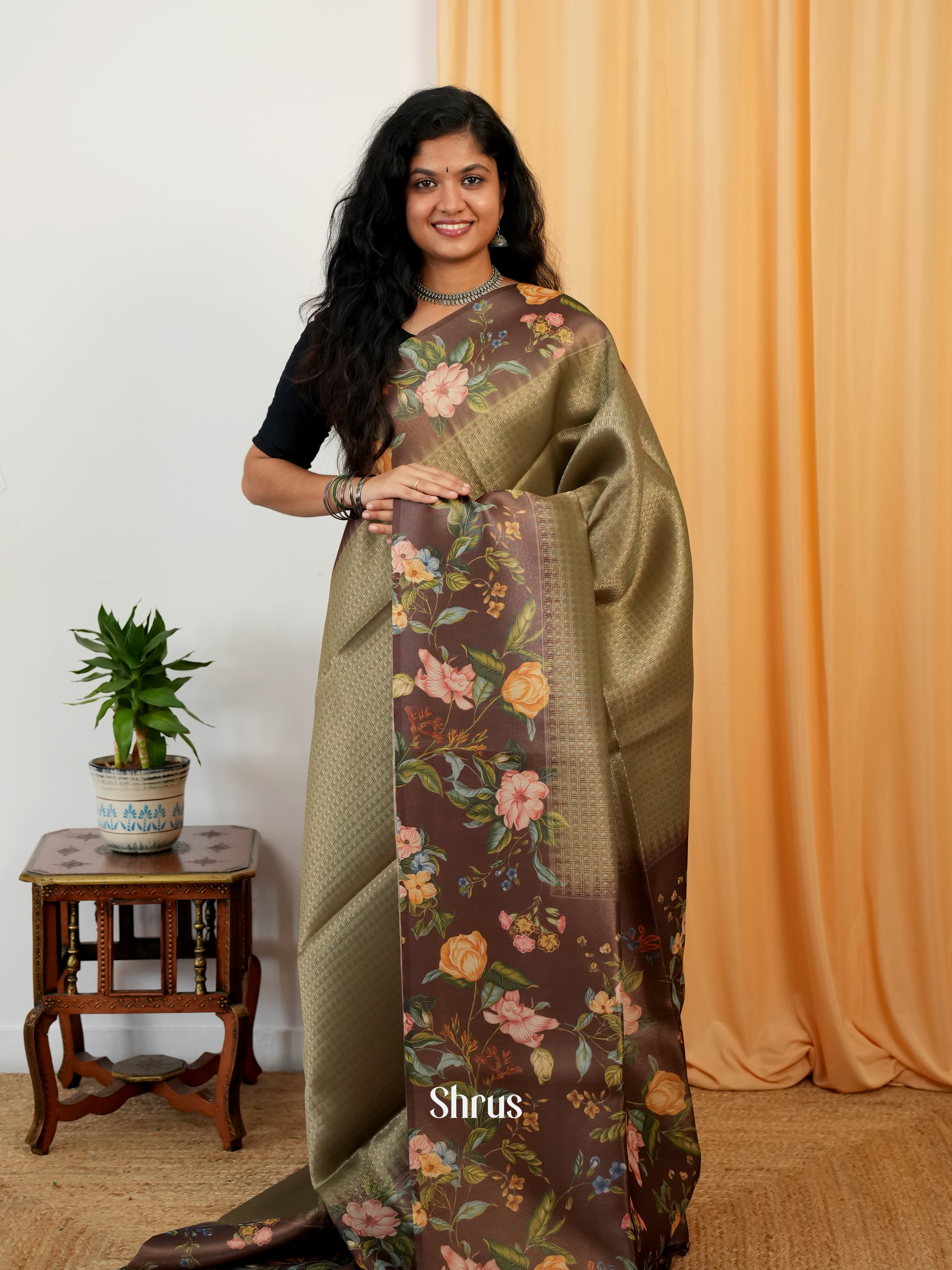 Green & Brown - Semi Organza Saree - Shop on Shrus.com