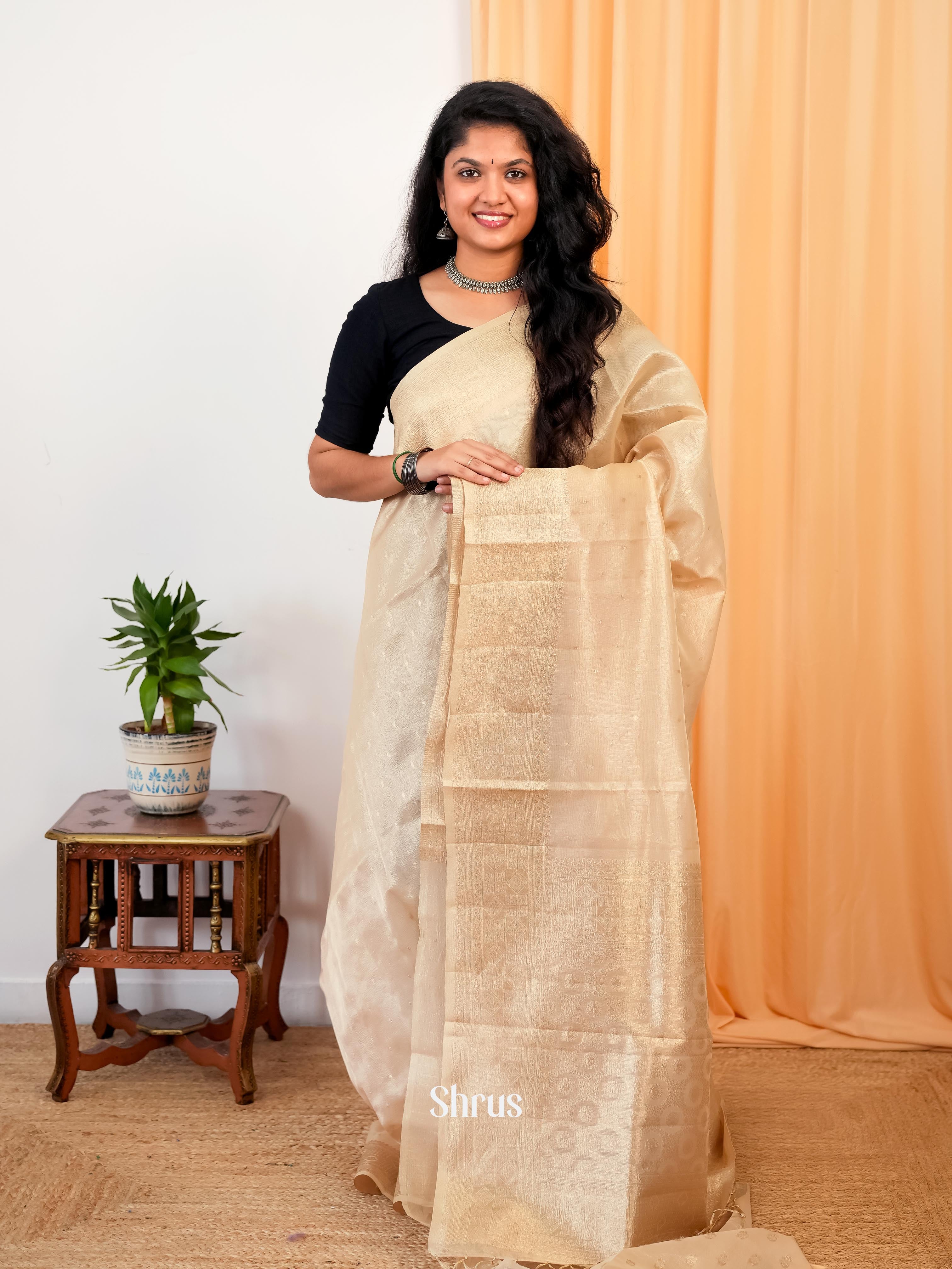 Cream - Bamboo silk Saree - Shop on Shrus.com