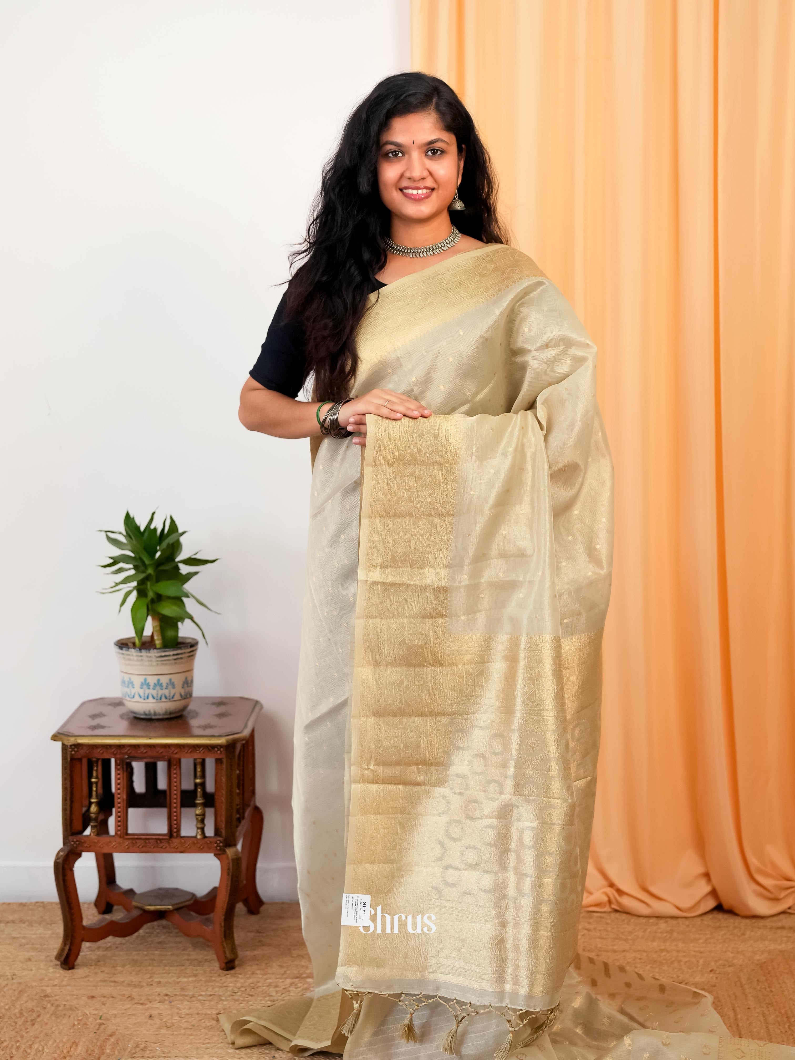 Cream - Bamboo silk Saree - Shop on Shrus.com