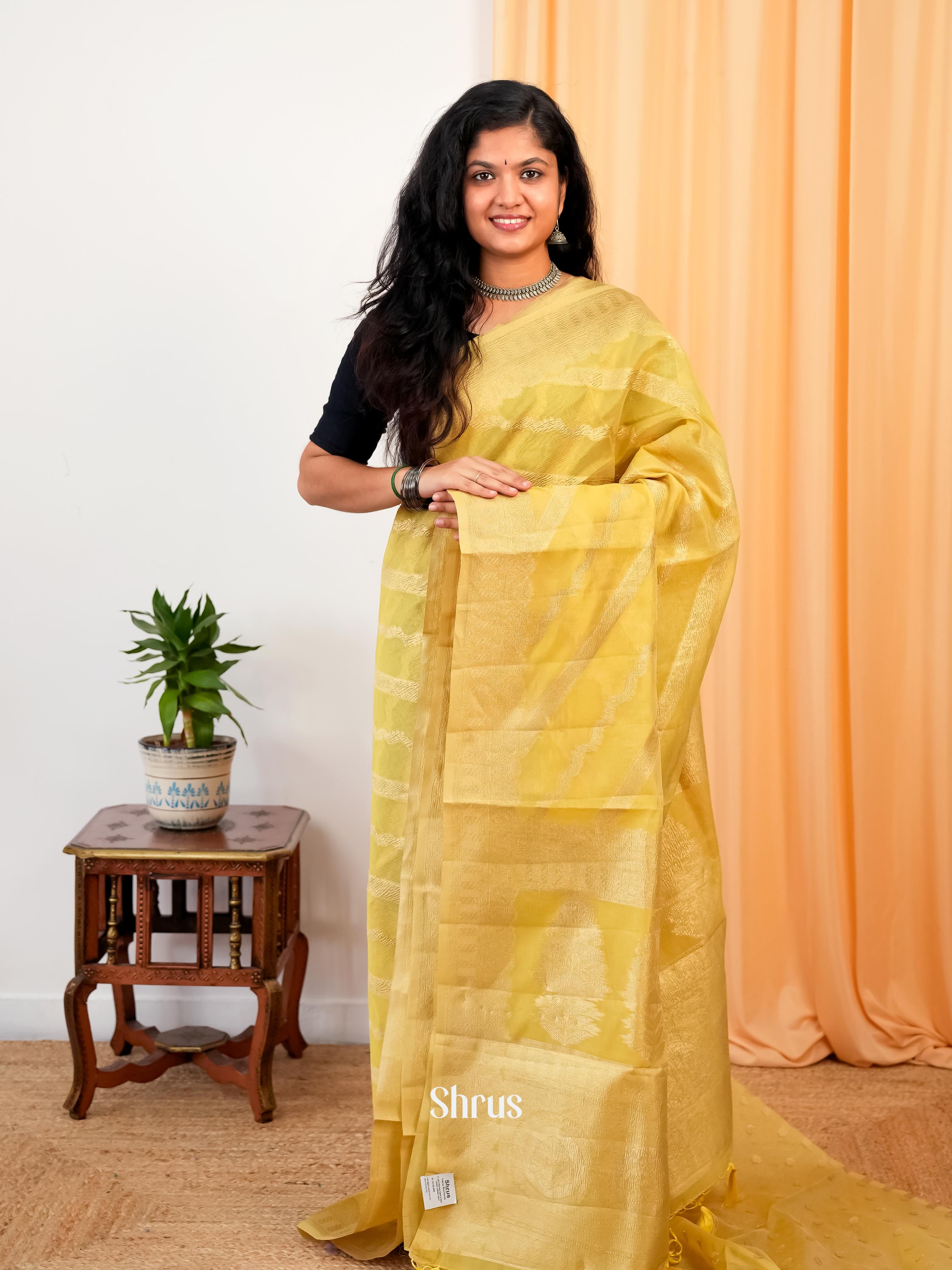 Yellow - Bamboo silk Saree - Shop on Shrus.com