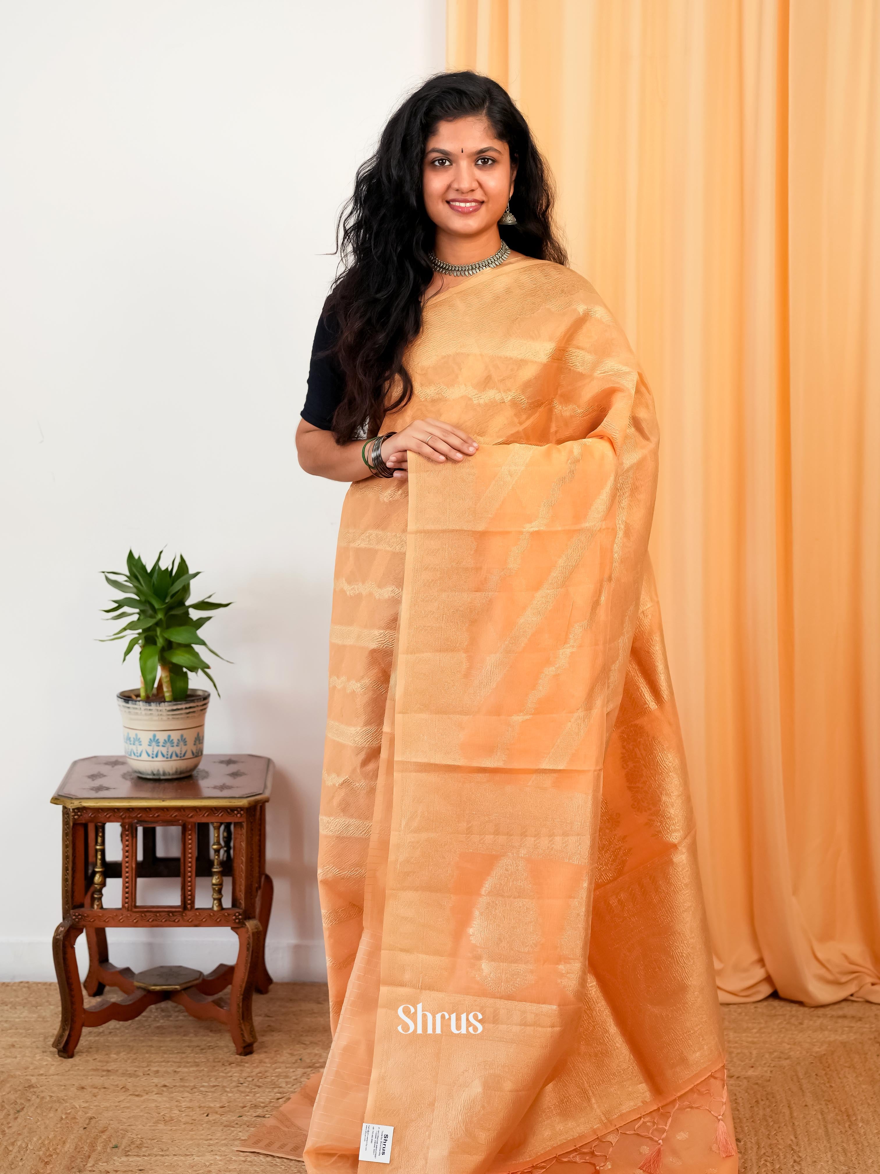 Peach - Bamboo silk Saree - Shop on Shrus.com