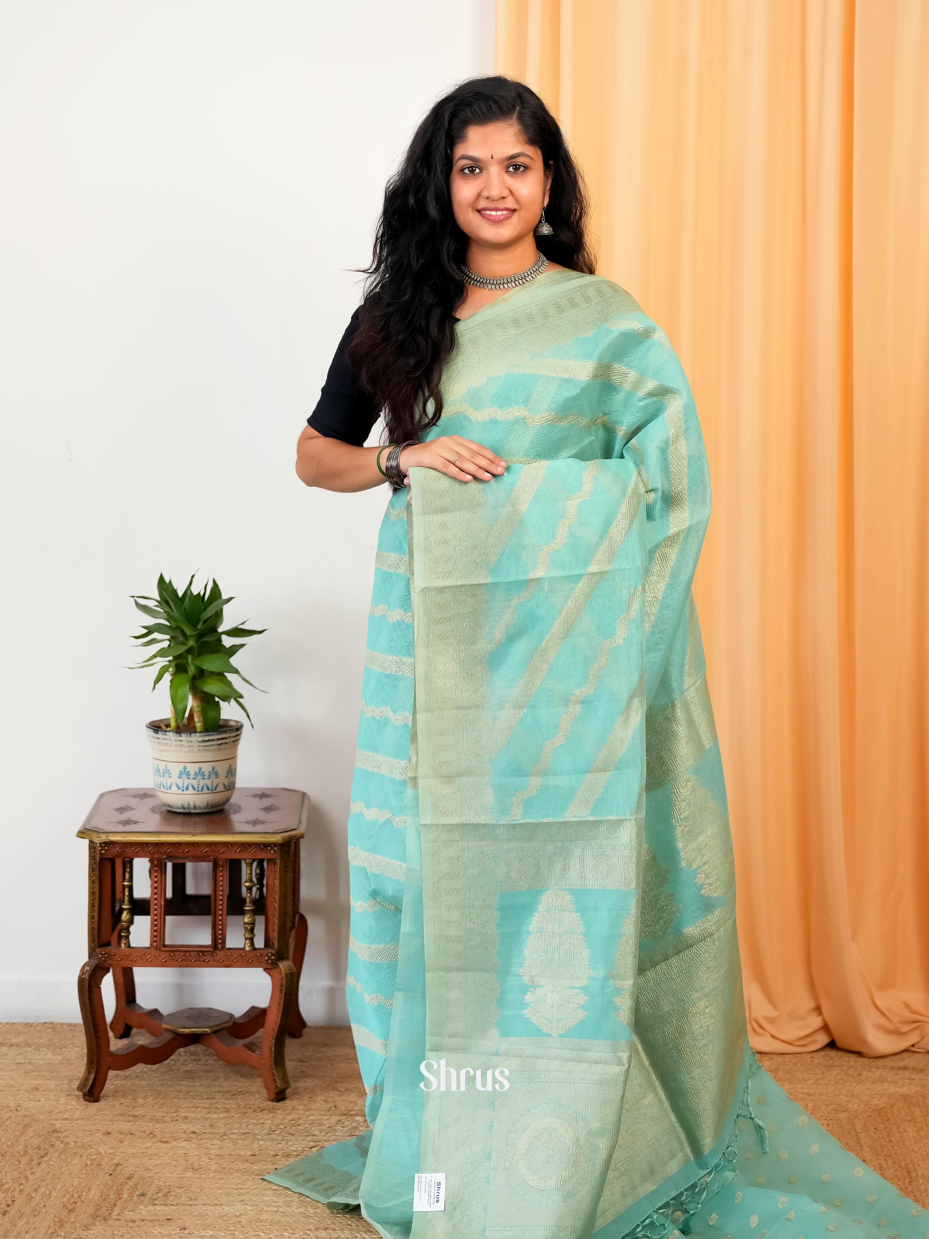 Teal - Bamboo silk Saree - Shop on Shrus.com