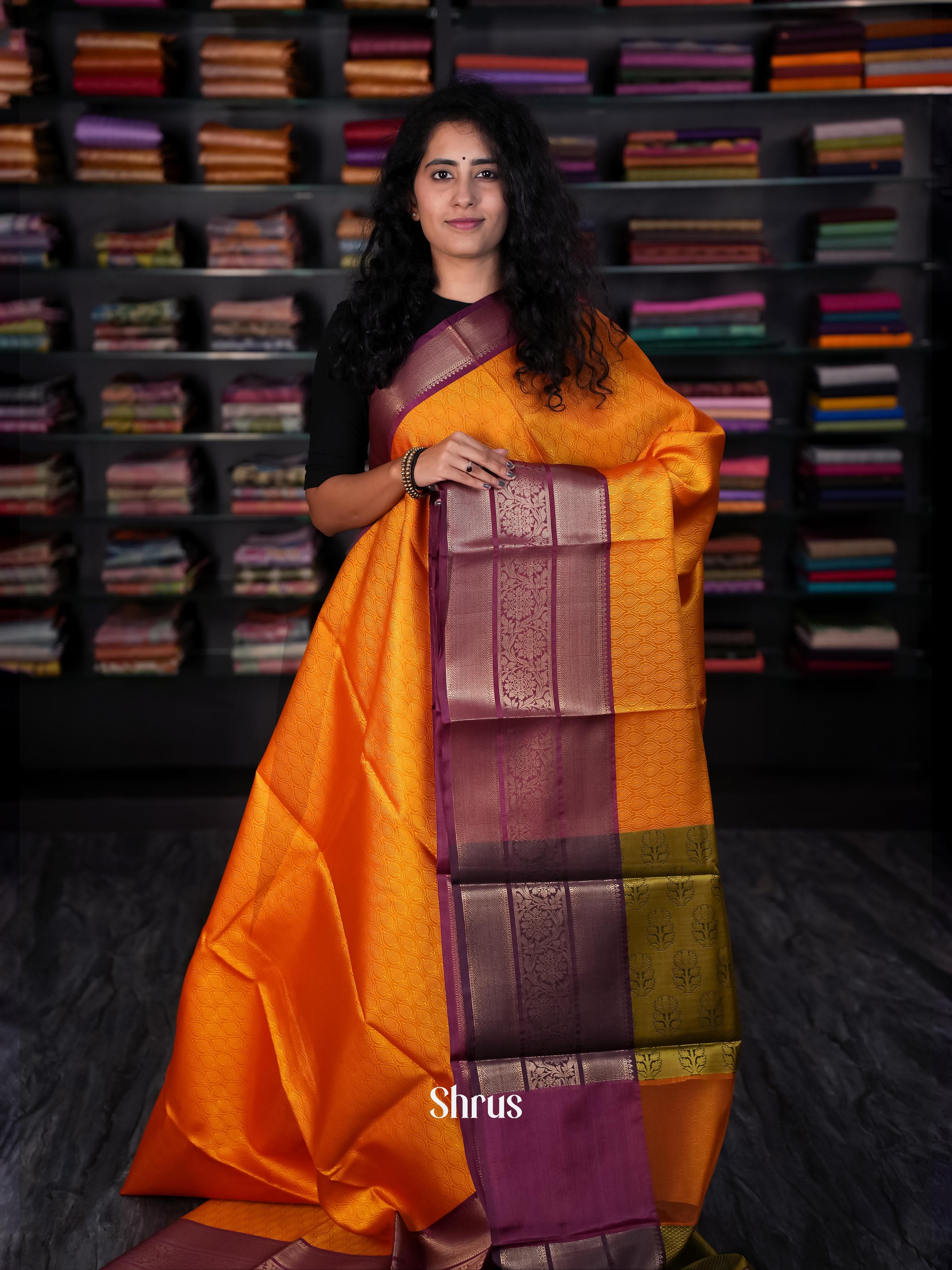 Orange & Green - Tanchoi Saree - Shop on Shrus.com