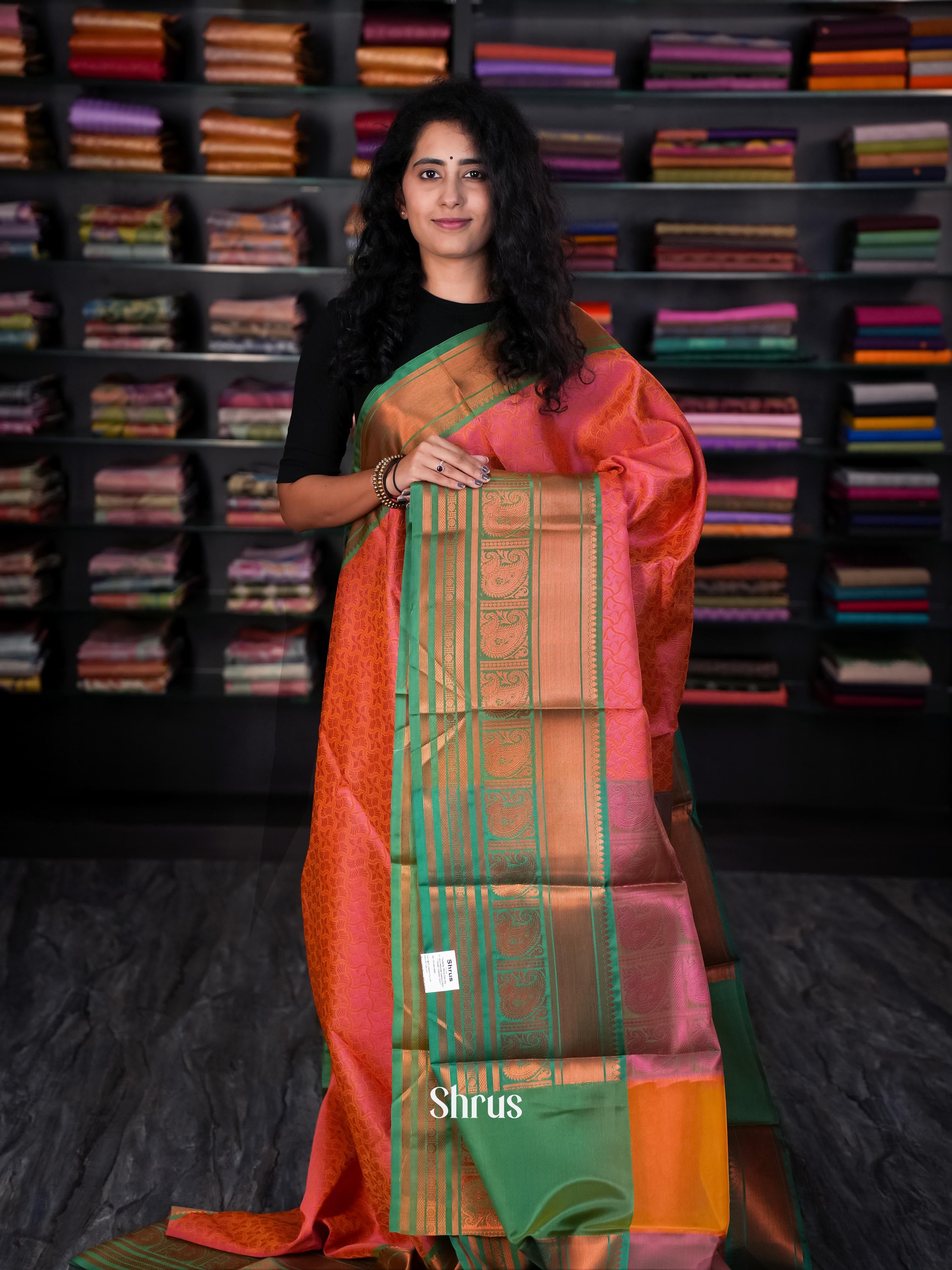 Orange & Green - Tanchoi Saree - Shop on Shrus.com