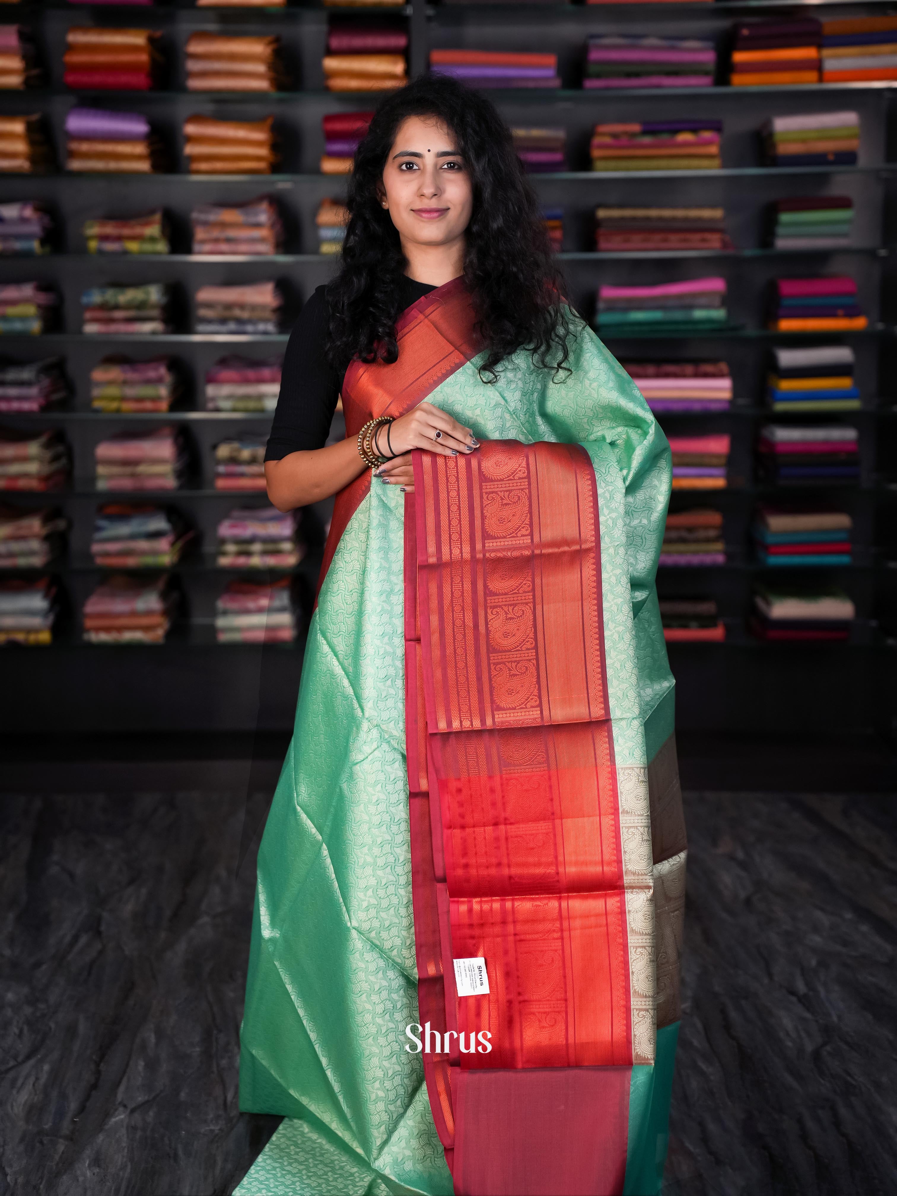 Pista Green & Red - Tanchoi Saree - Shop on Shrus.com