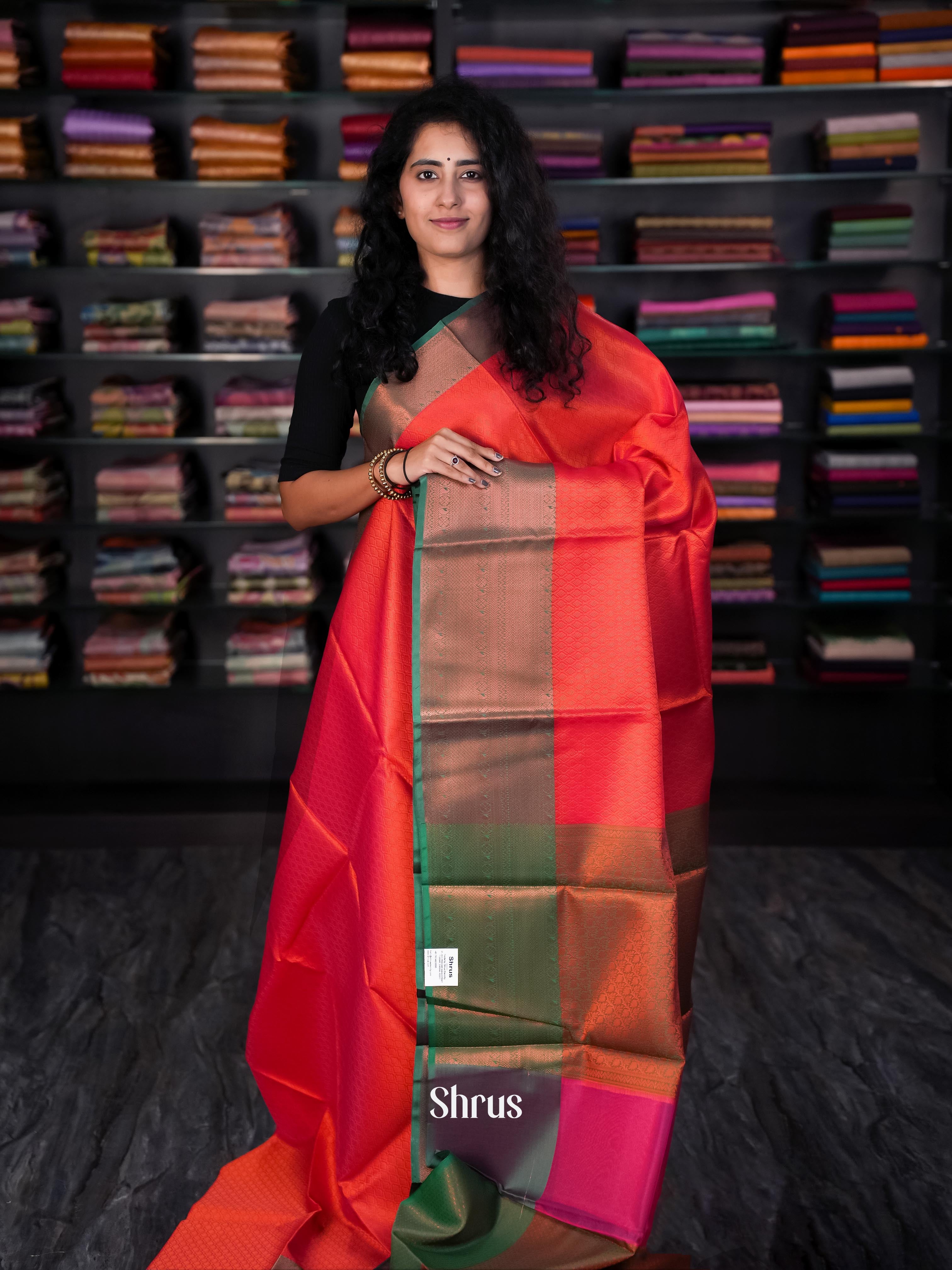 Red & Green - Tanchoi Saree - Shop on Shrus.com