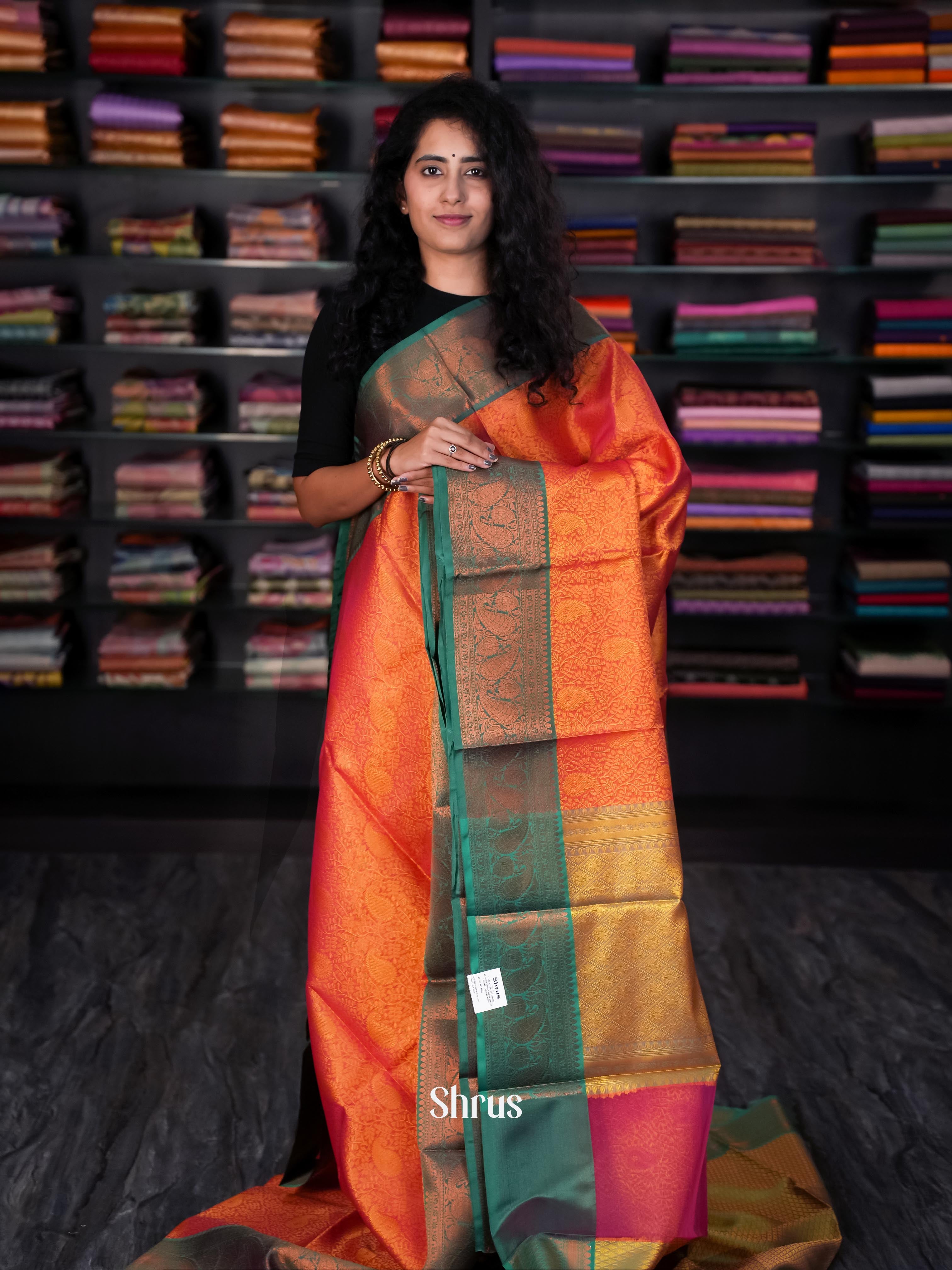 Orange & Green - Tanchoi Saree - Shop on Shrus.com