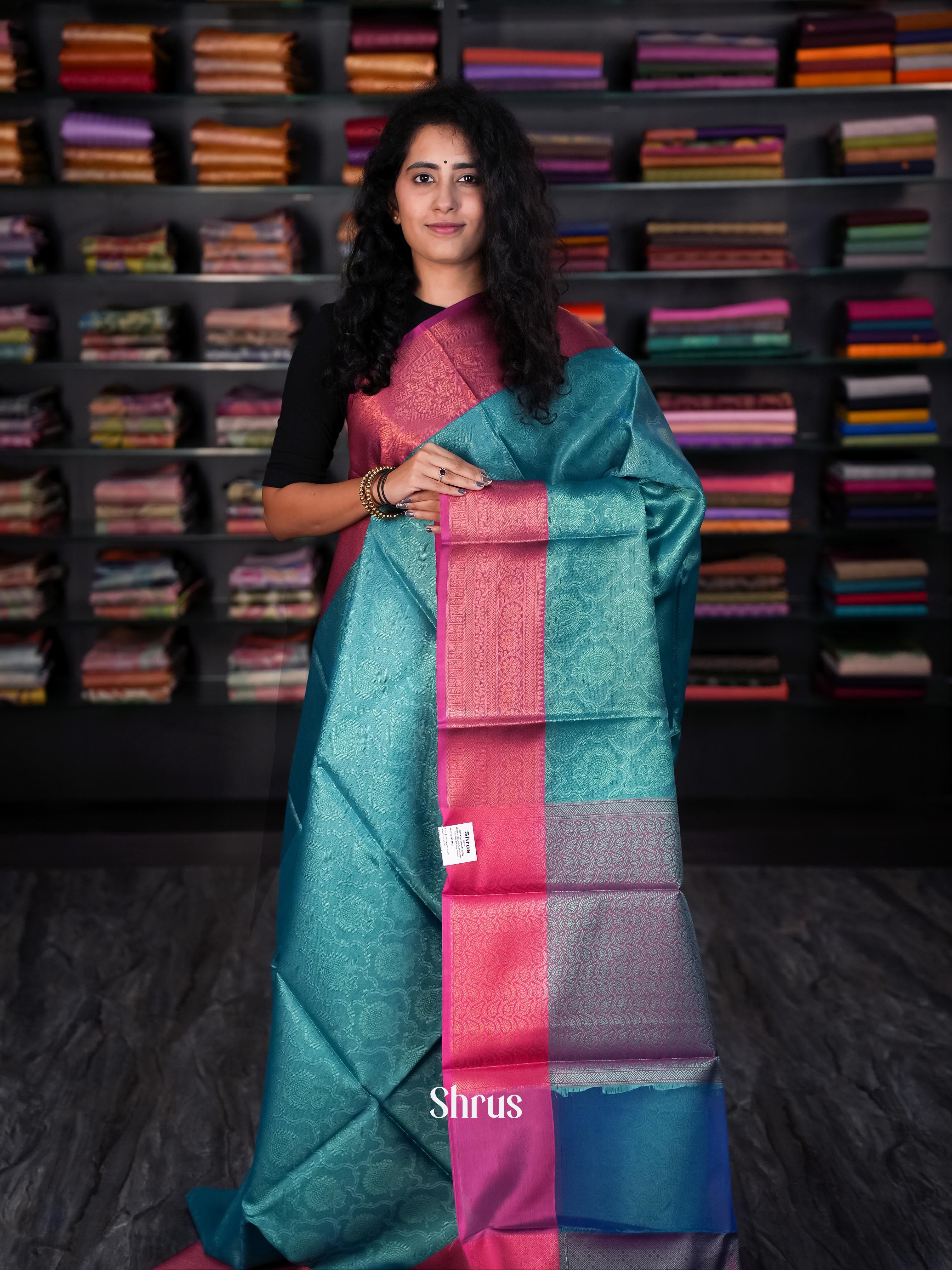 Teal & Purple- Tanchoi Saree - Shop on Shrus.com