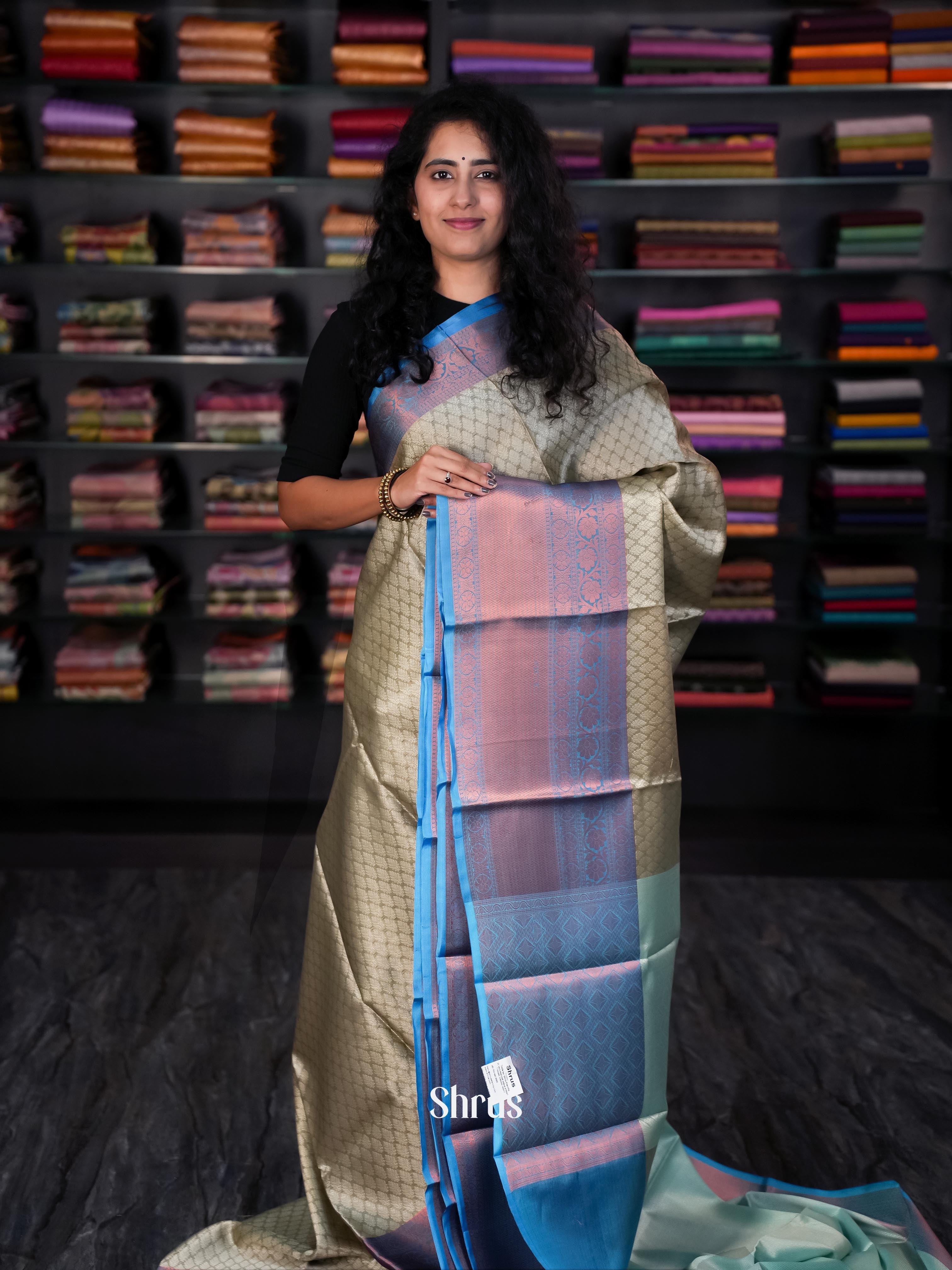 Grey & Blue - Tanchoi Saree - Shop on Shrus.com