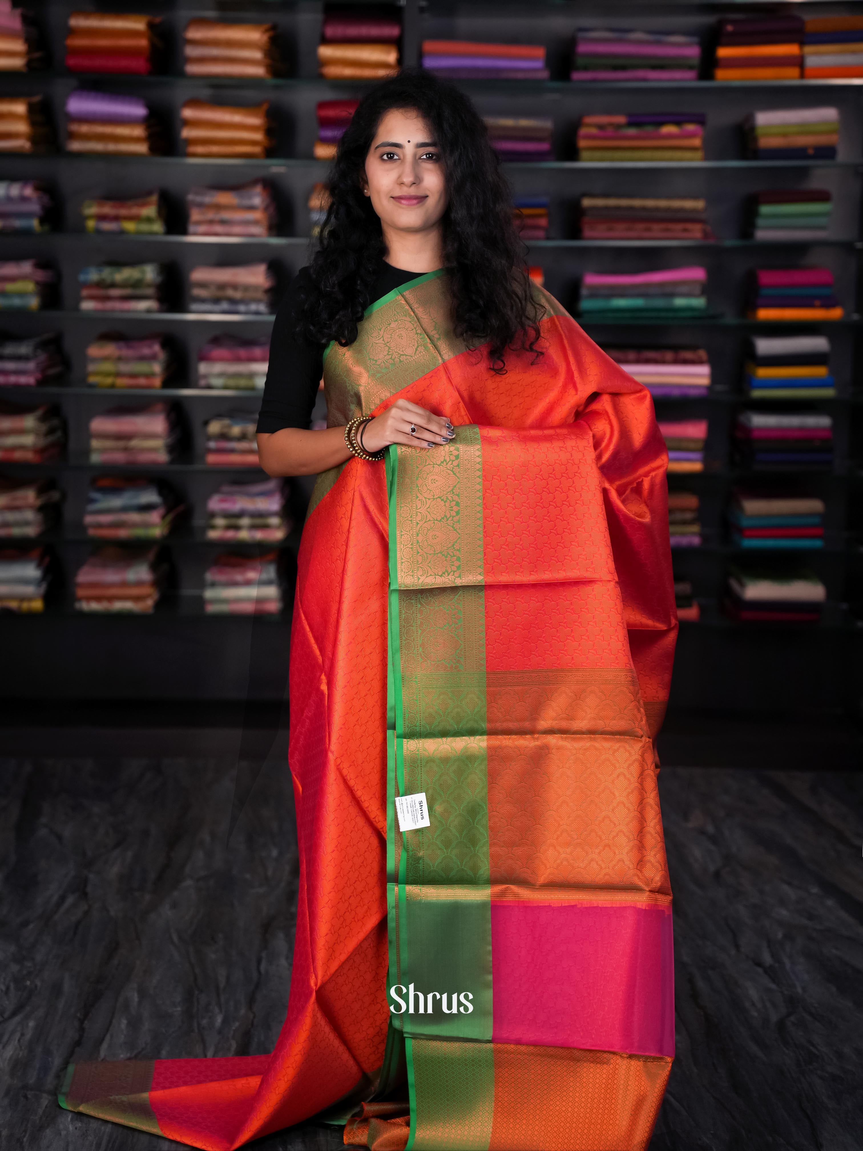 Orange& Green - Tanchoi Saree - Shop on Shrus.com