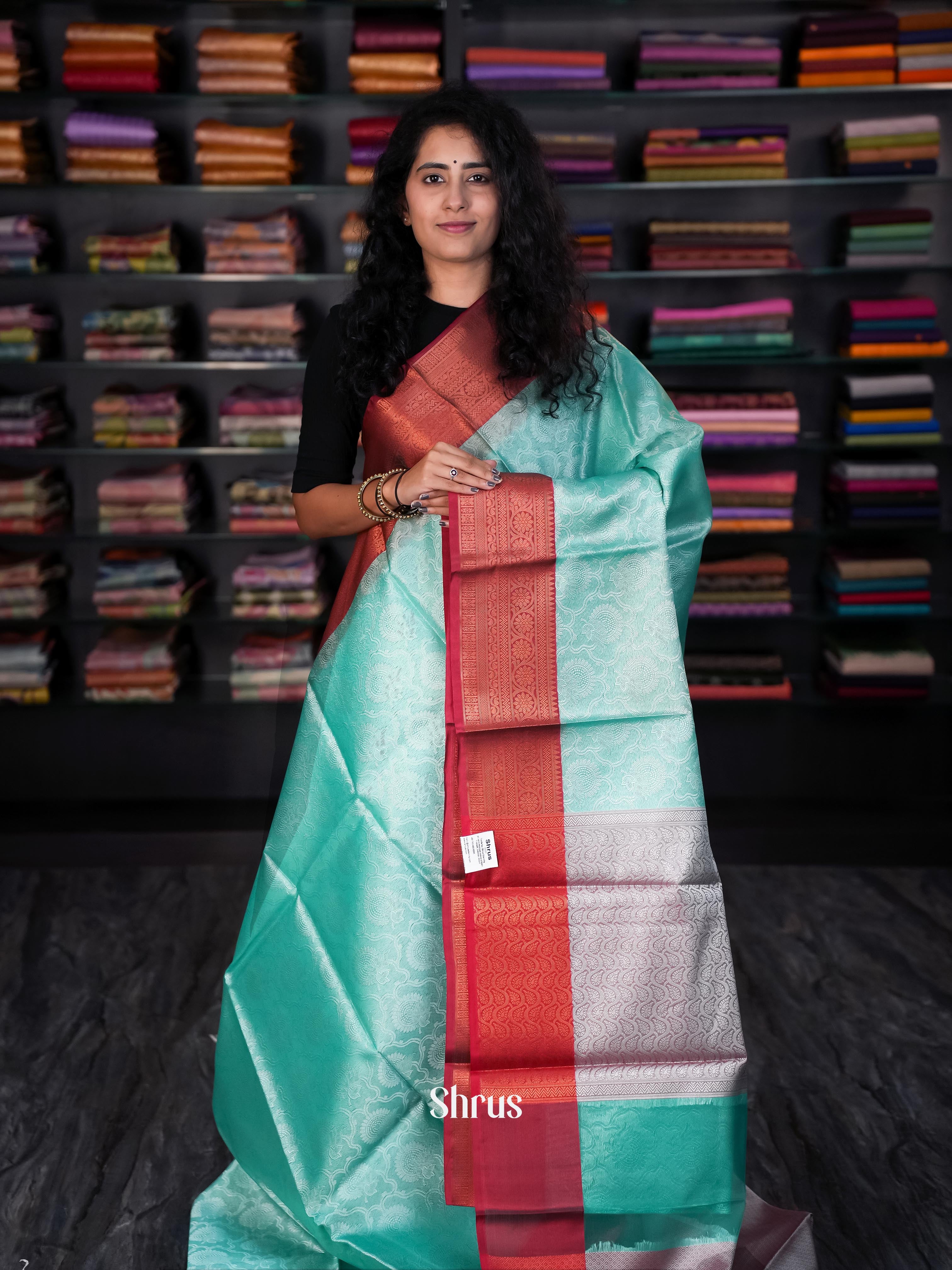 Teal & Red - Tanchoi Saree - Shop on Shrus.com